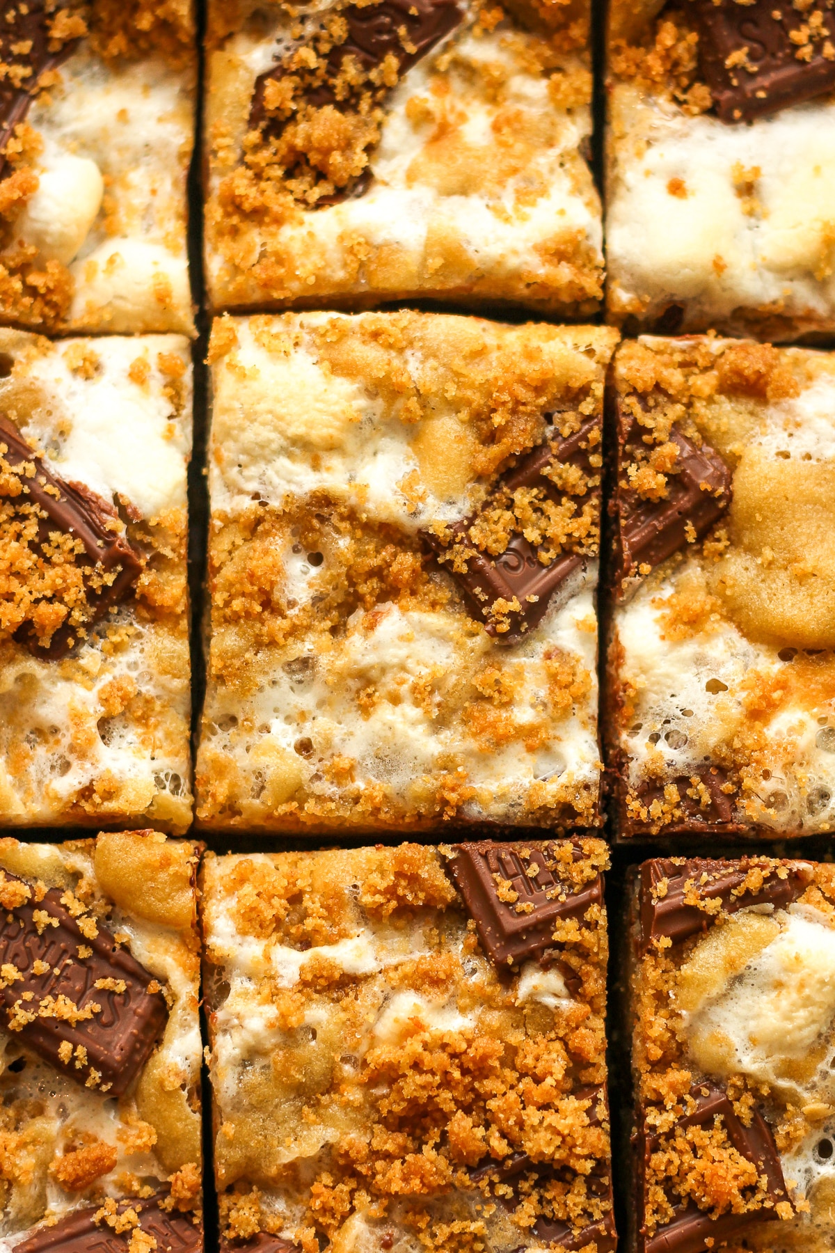 Closeup shot of some sliced s'mores cookie bars.