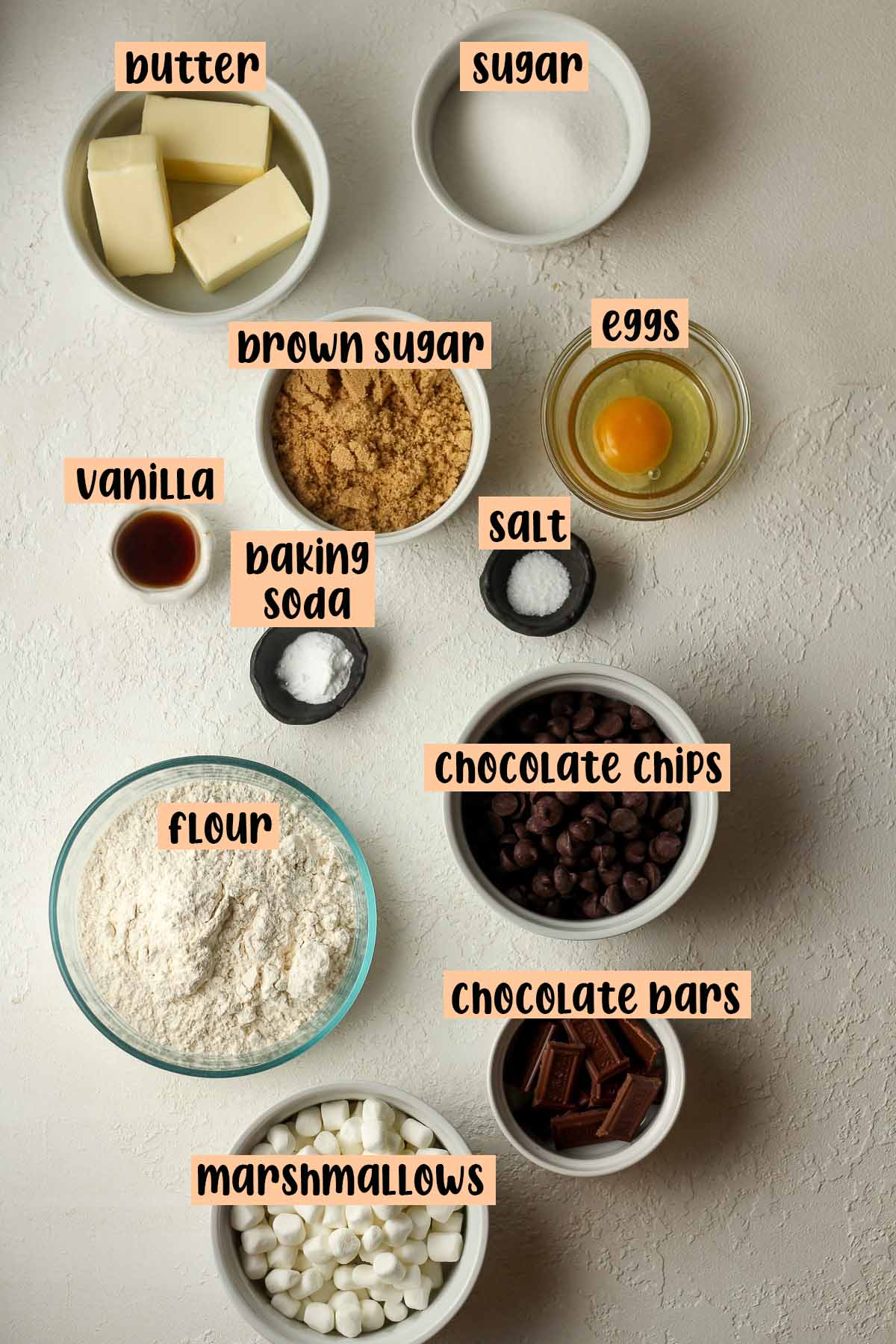 The ingredients for s'mores cookie bars.
