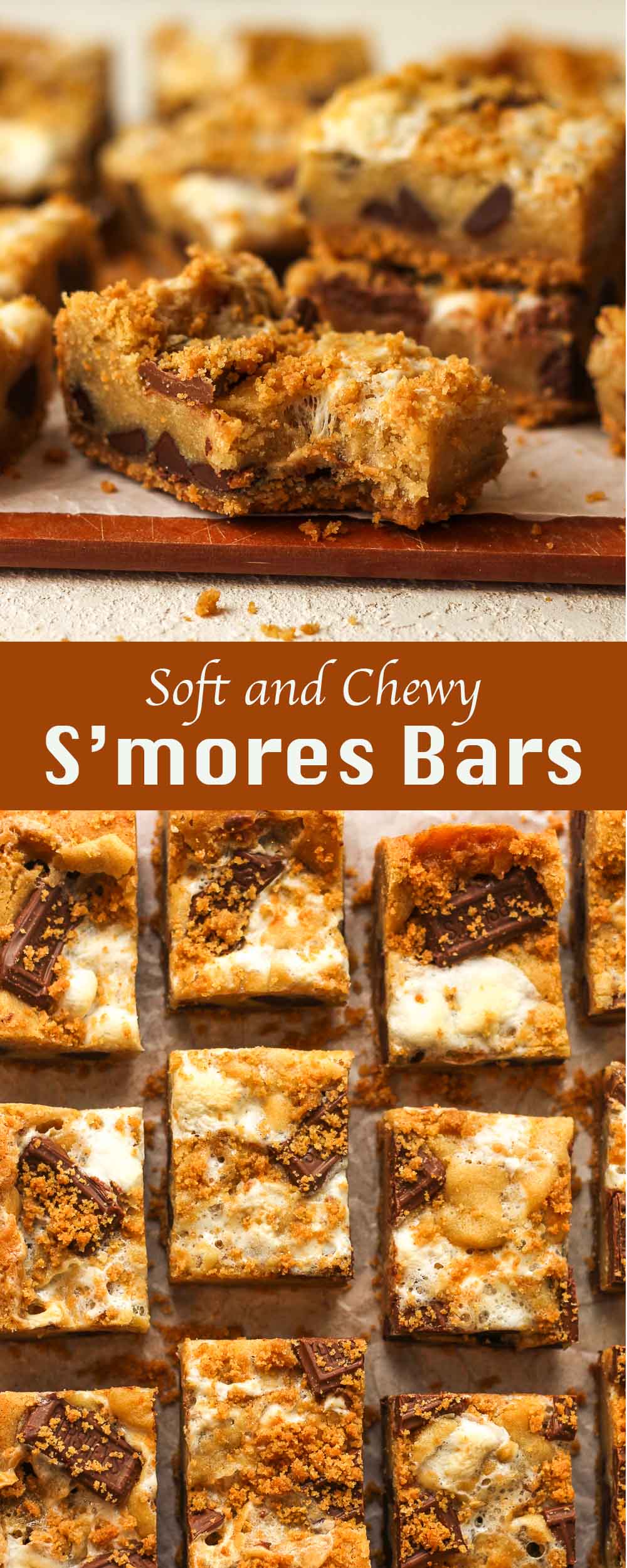 Two photos of soft and chewy S'mores Bars.