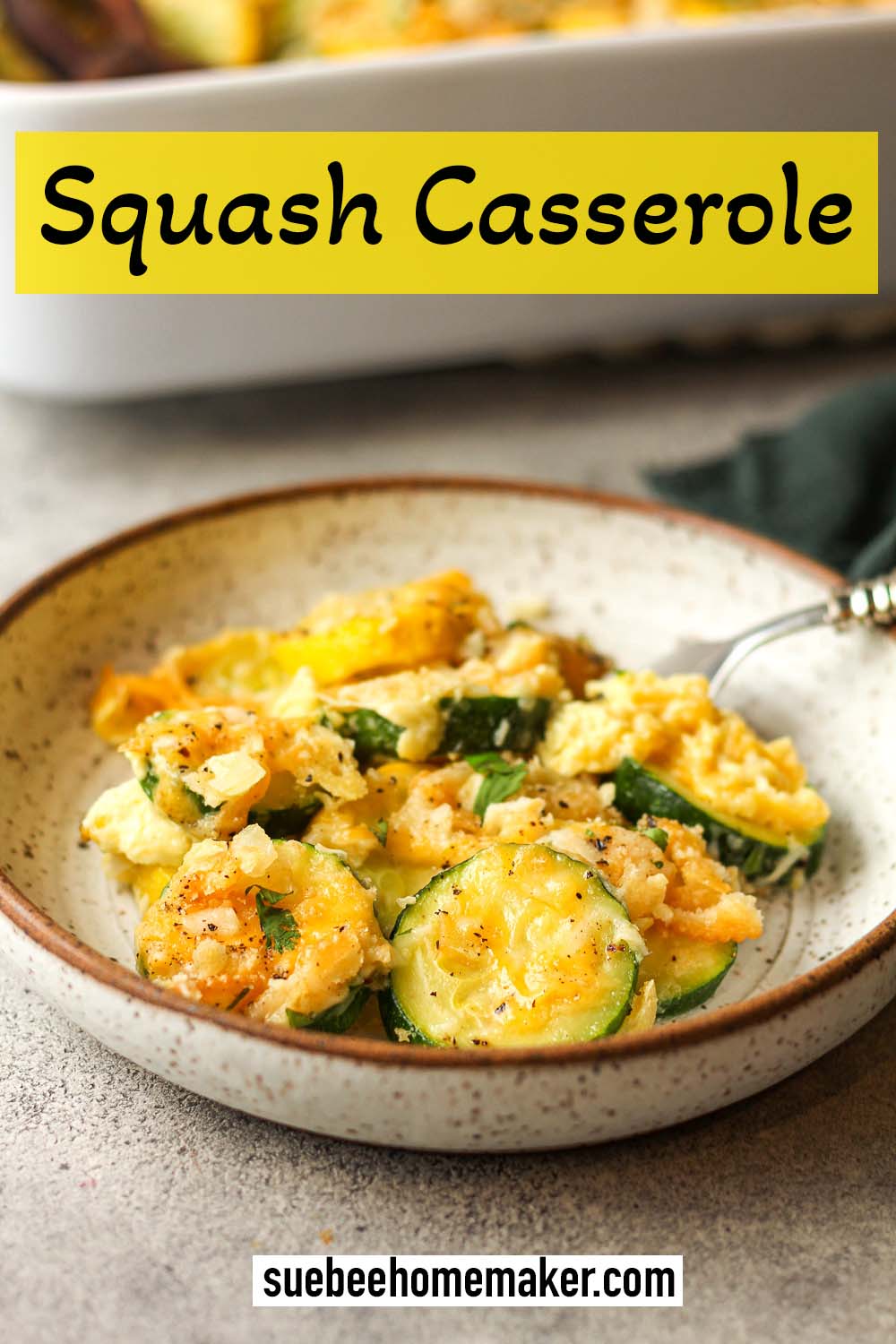 A serving of squash casserole with a fork.