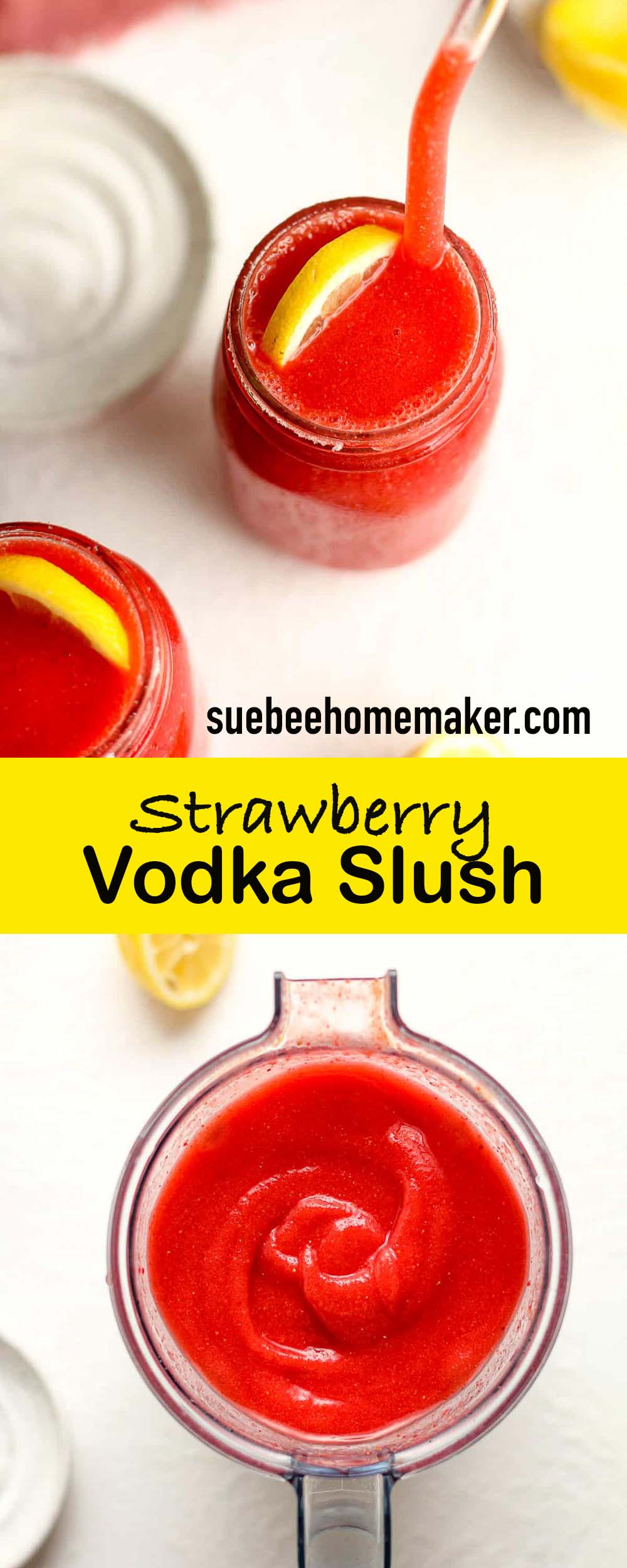 Two photos for strawberry vodka slush.