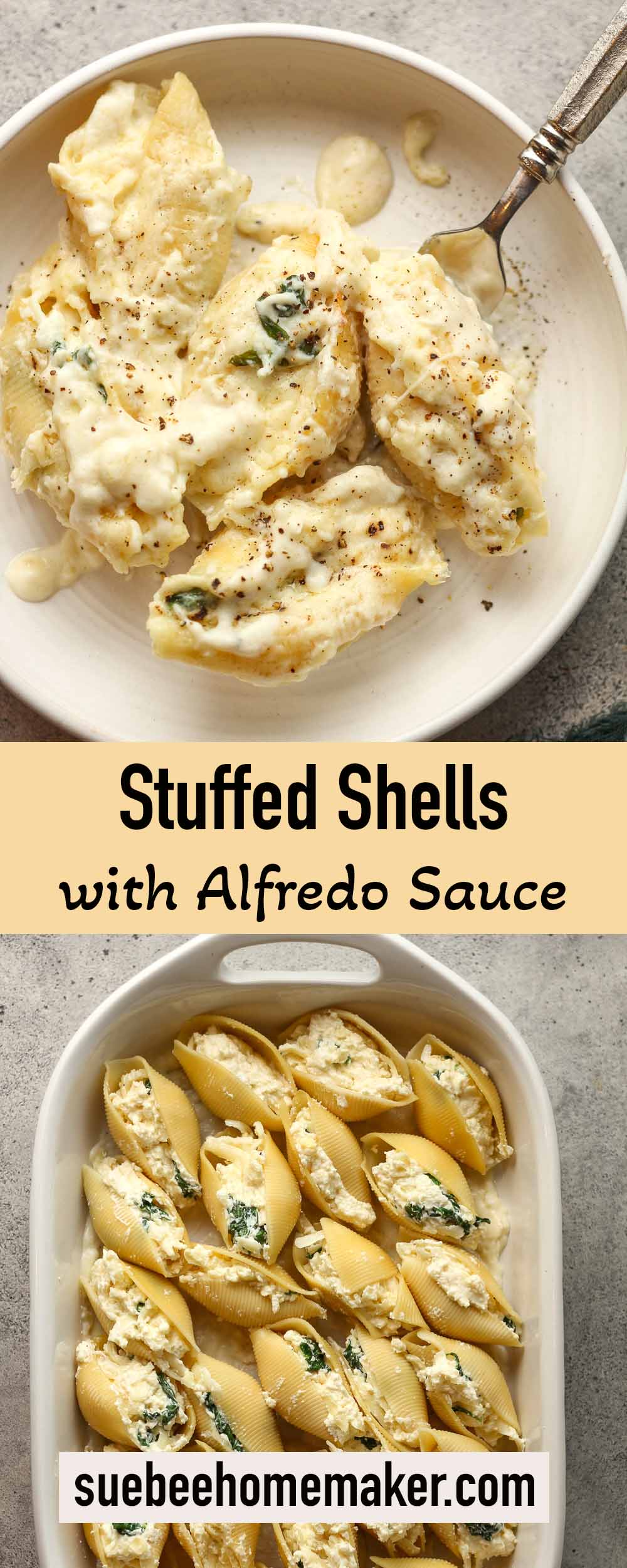 Two photos of stuffed shells with Alfredo sauce.