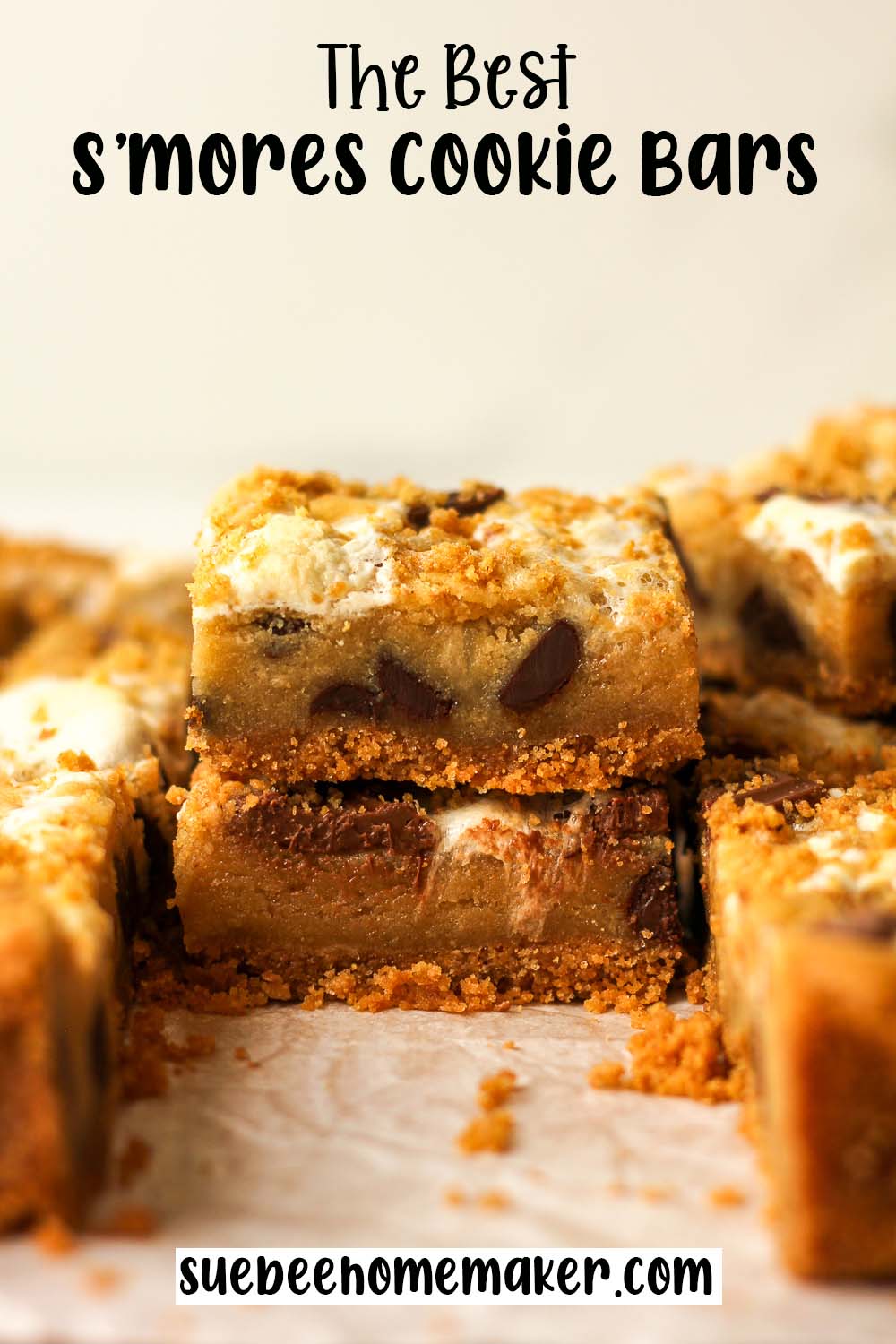 Side view of some stacked S'mores Cookie Bars.