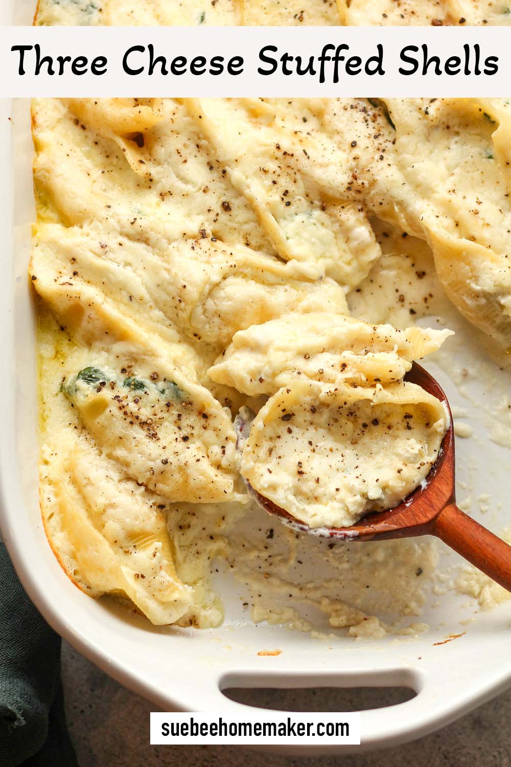 A casserole dish of three cheese stuffed shells.