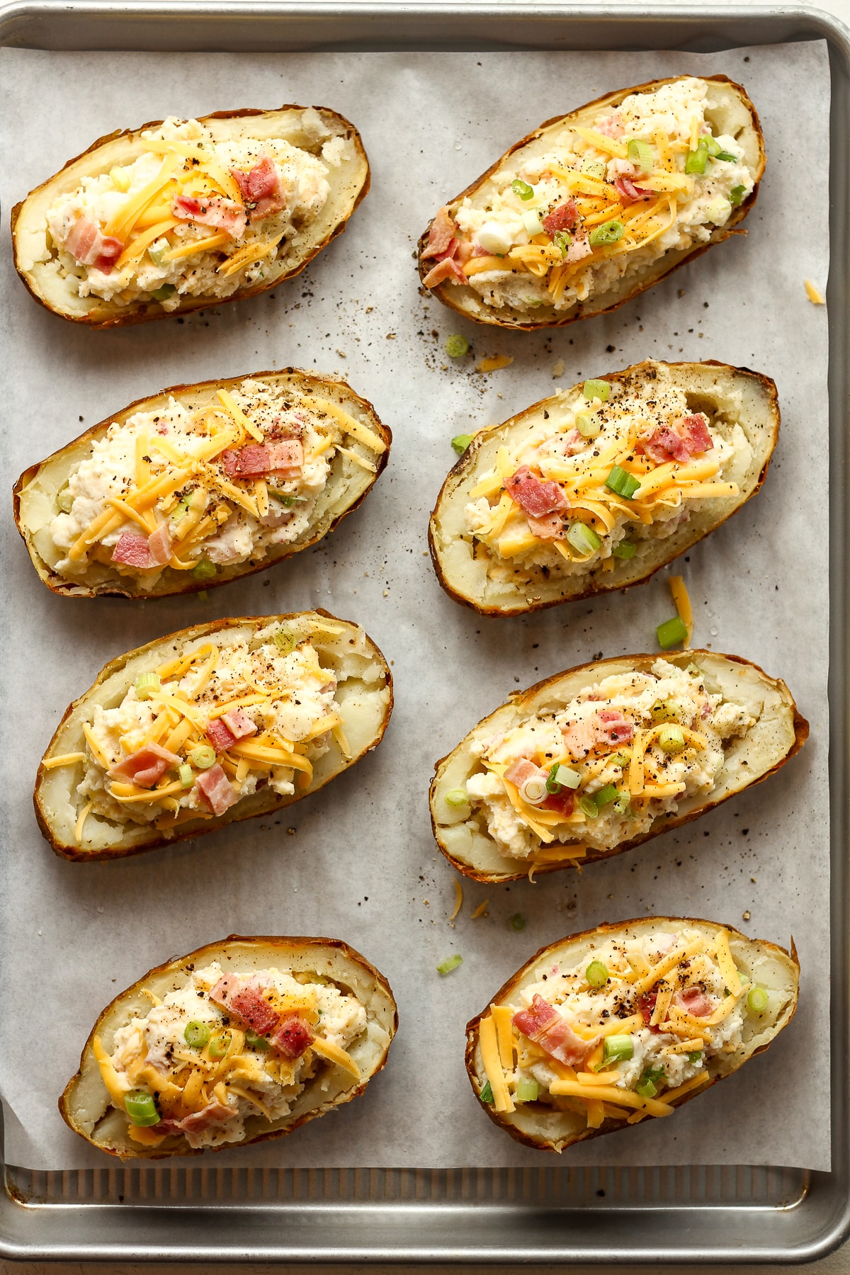 The potato skins with filling inside.