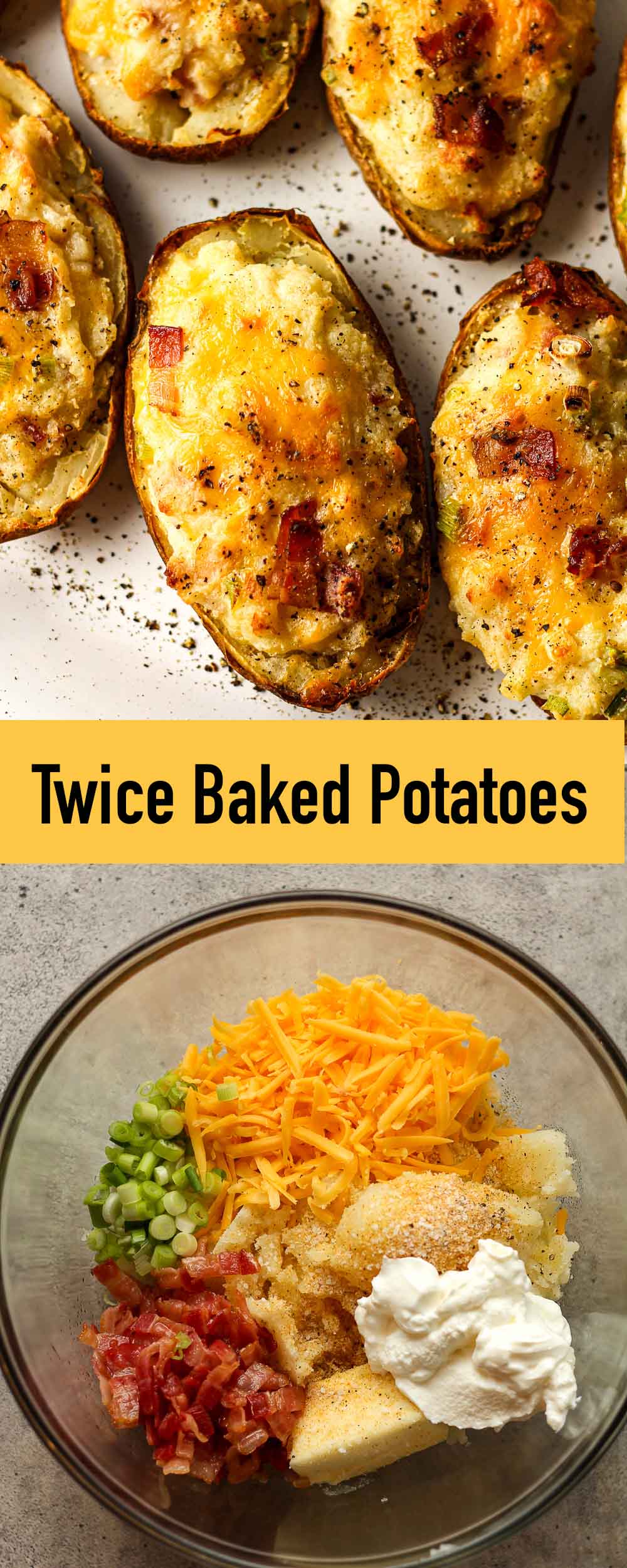 Two photos for twice baked potatoes, one of the filling mixture.
