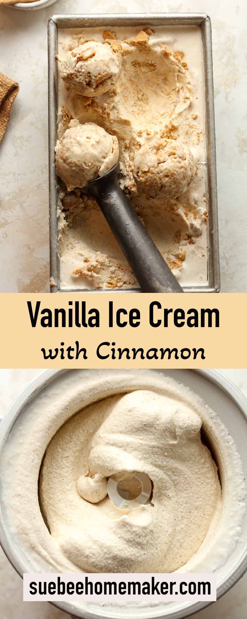 Two photos of vanilla ice cream with cinnamon.