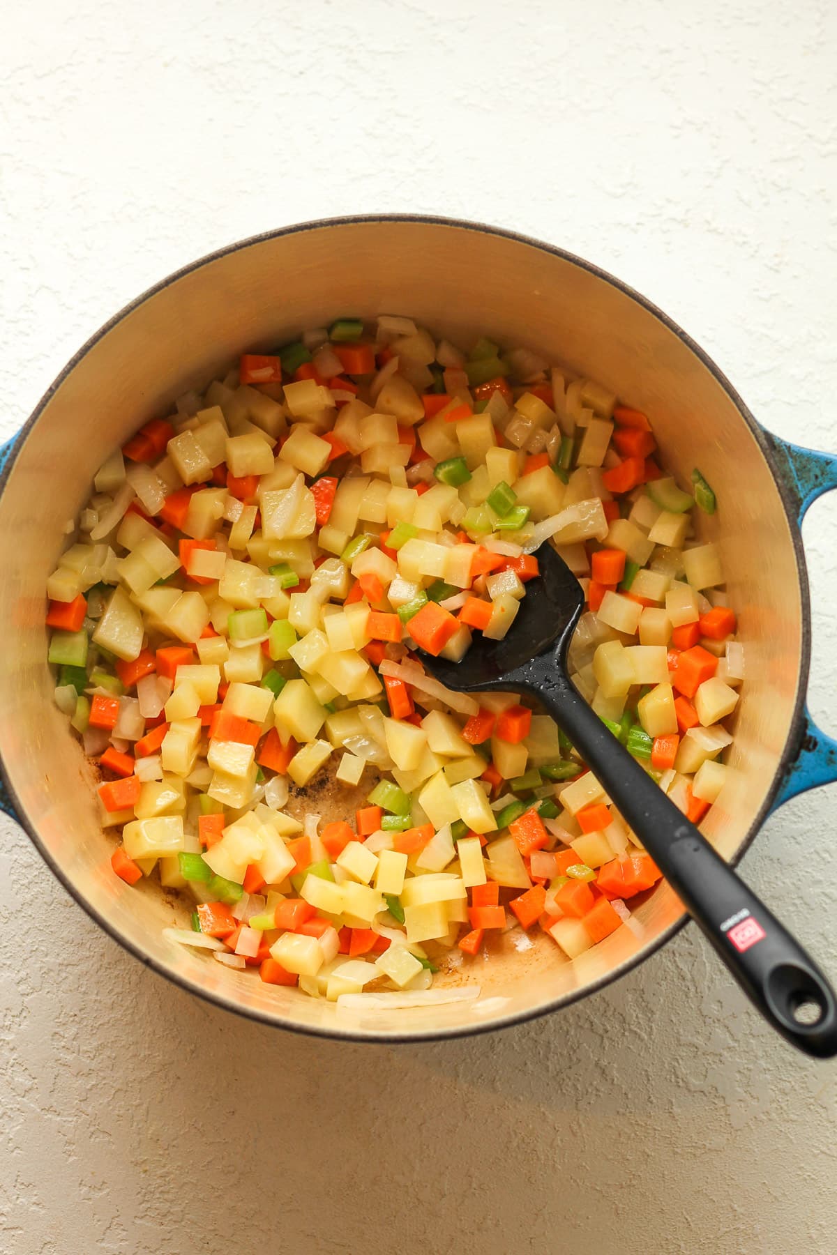 A pot of the diced veggies after being sautéed.