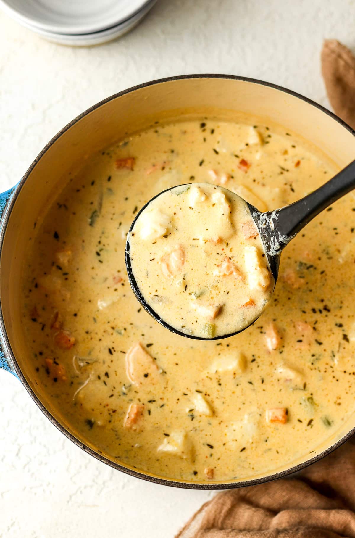 A pot of the chowder with a ladle lifting some up.