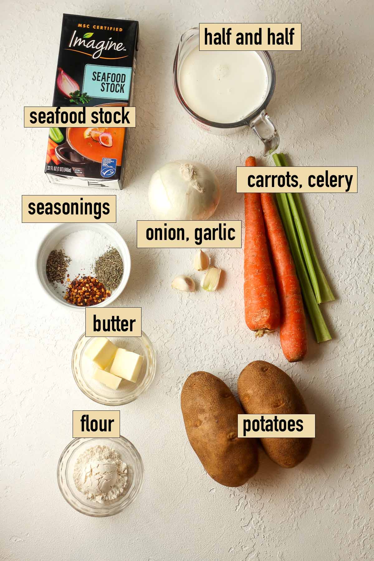 The labeled ingredients for the chowder (minus the fish).