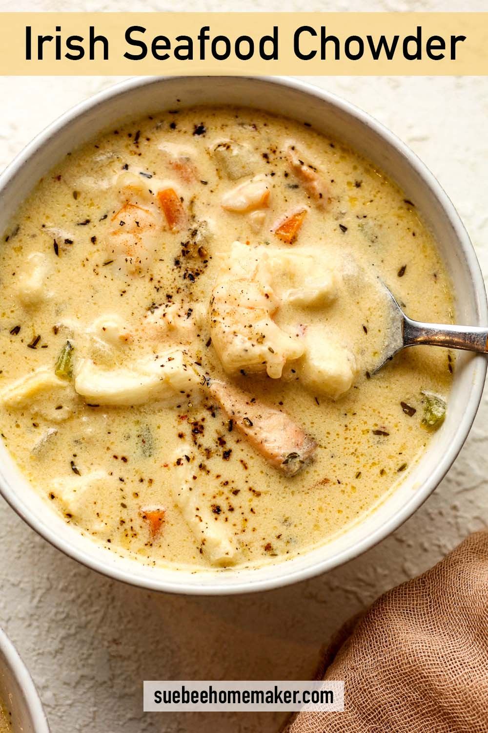 Closeup on a bowl of Irish Seafood Chowder.