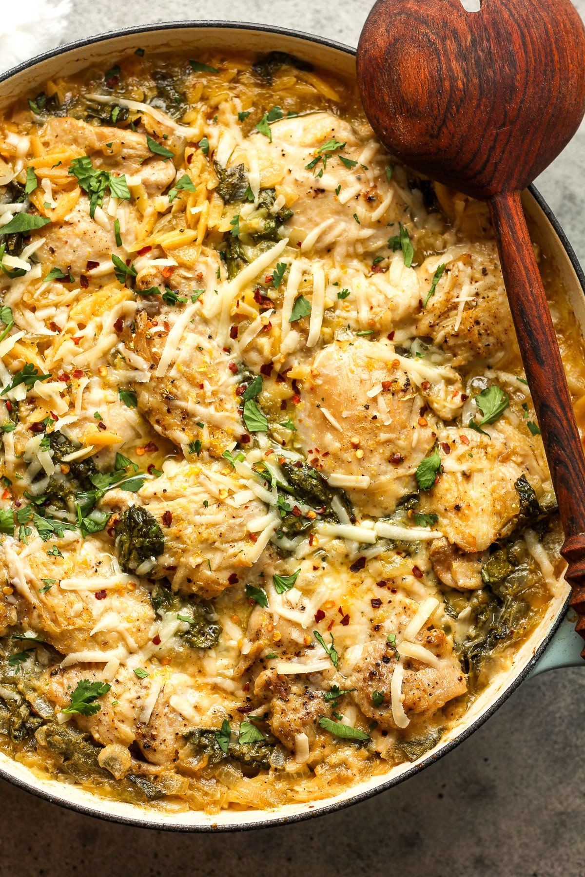 Closeup on the chicken orzo bake.