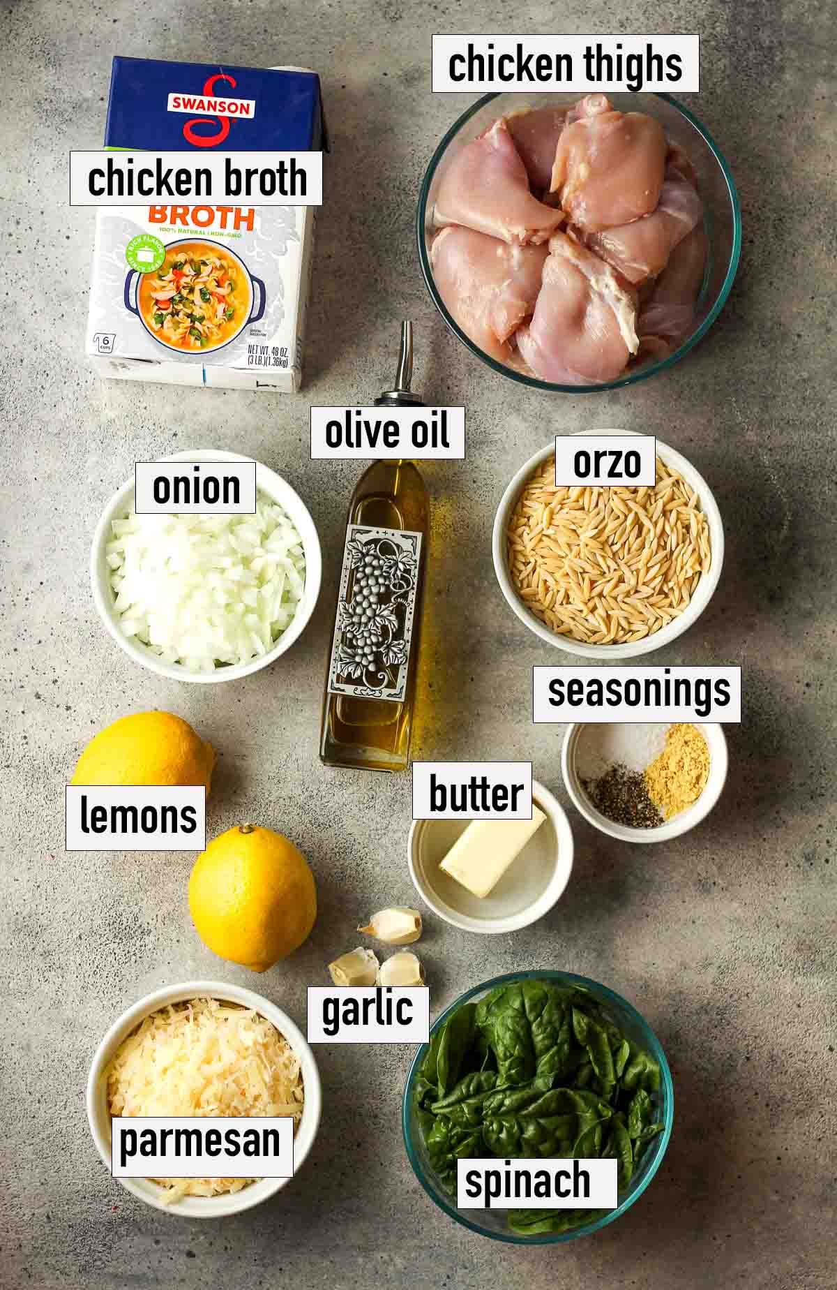 Labeled ingredients for chicken orzo pasta bake with lemon.