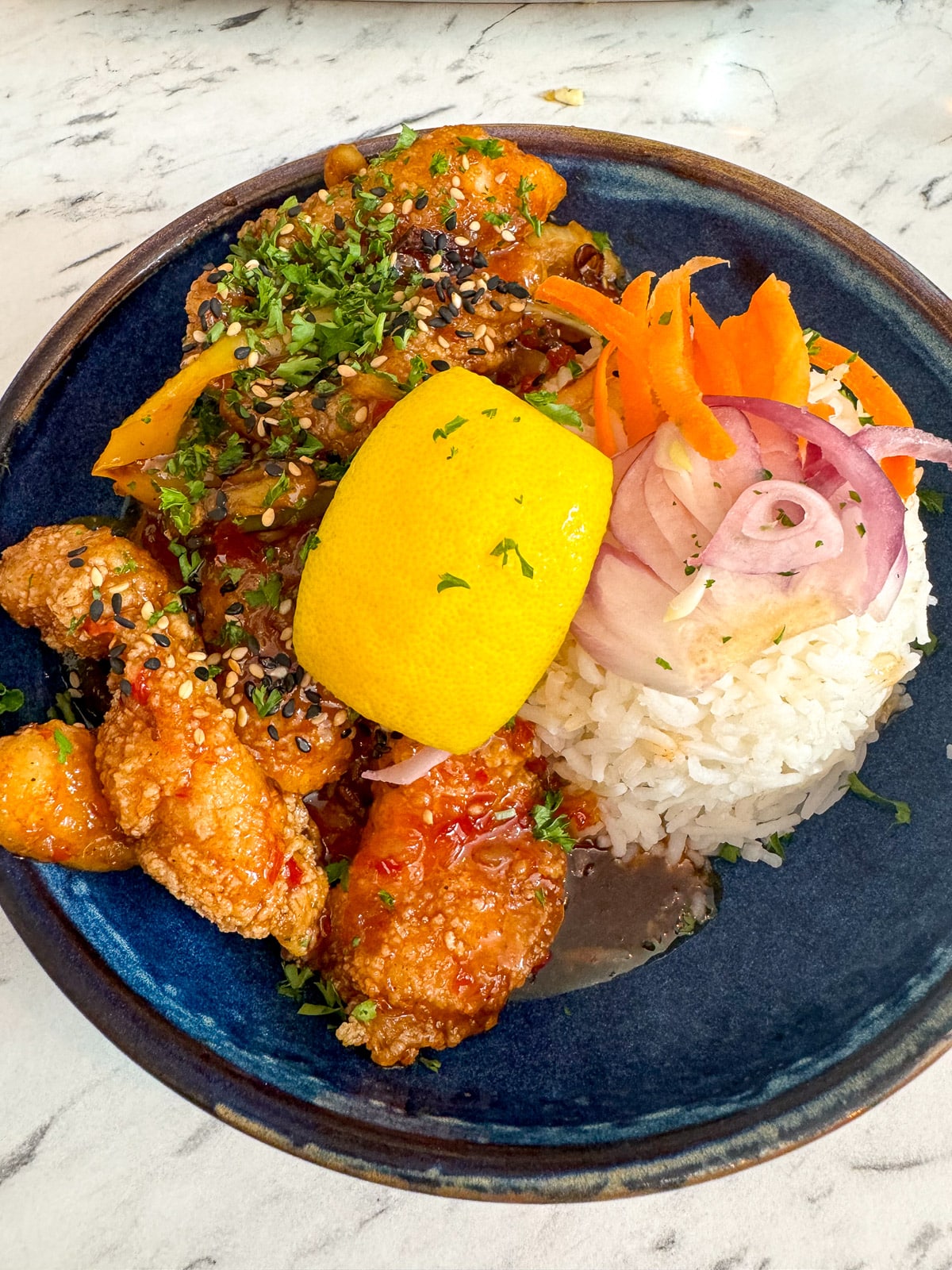 A plate of delicious spicy monkfish at Fishbox in Dingle.