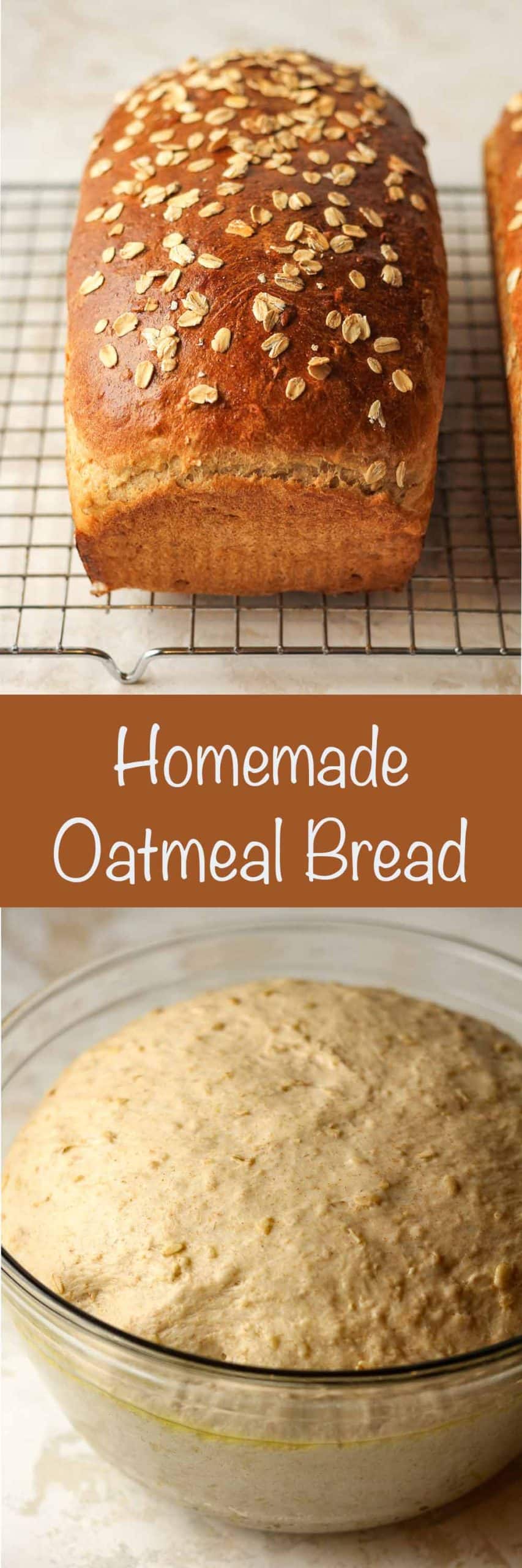 Two photos of homemade oatmeal bread - one of the bread dough.