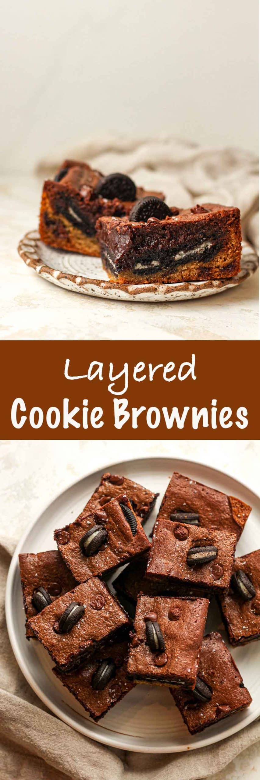 Two photos of layered cookie brownies