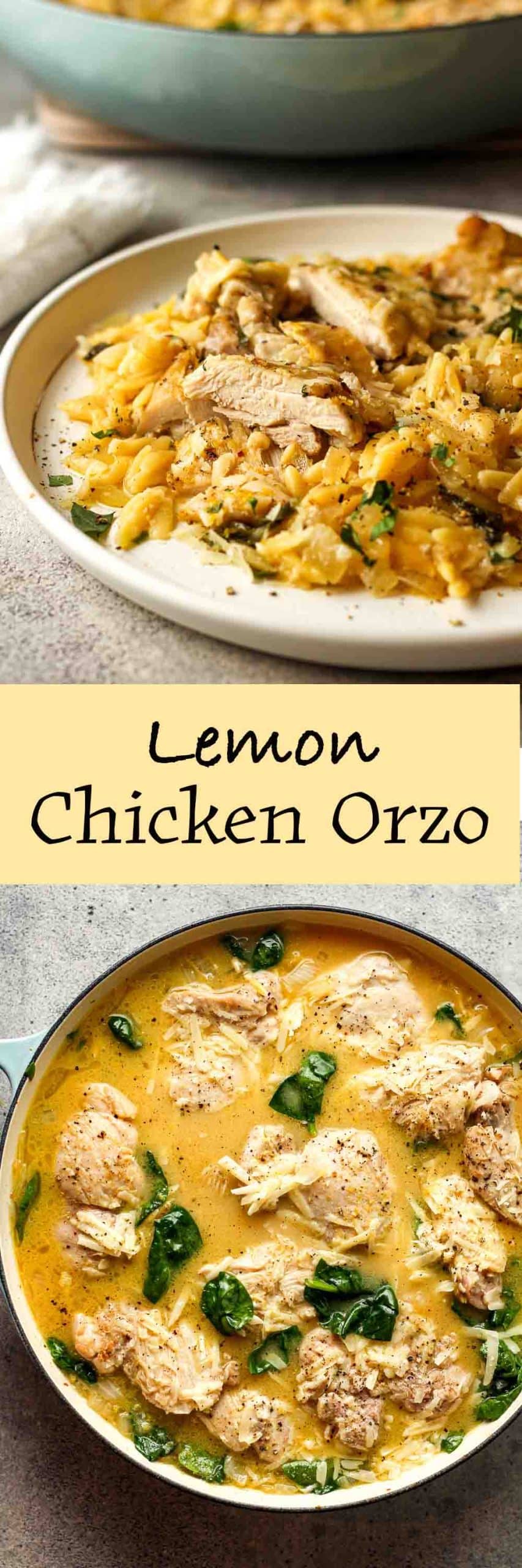 Two photos - one side view of plate of lemon chicken orzo.