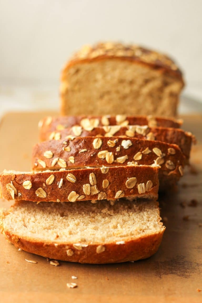 Side view of some sliced oatmeal bread.