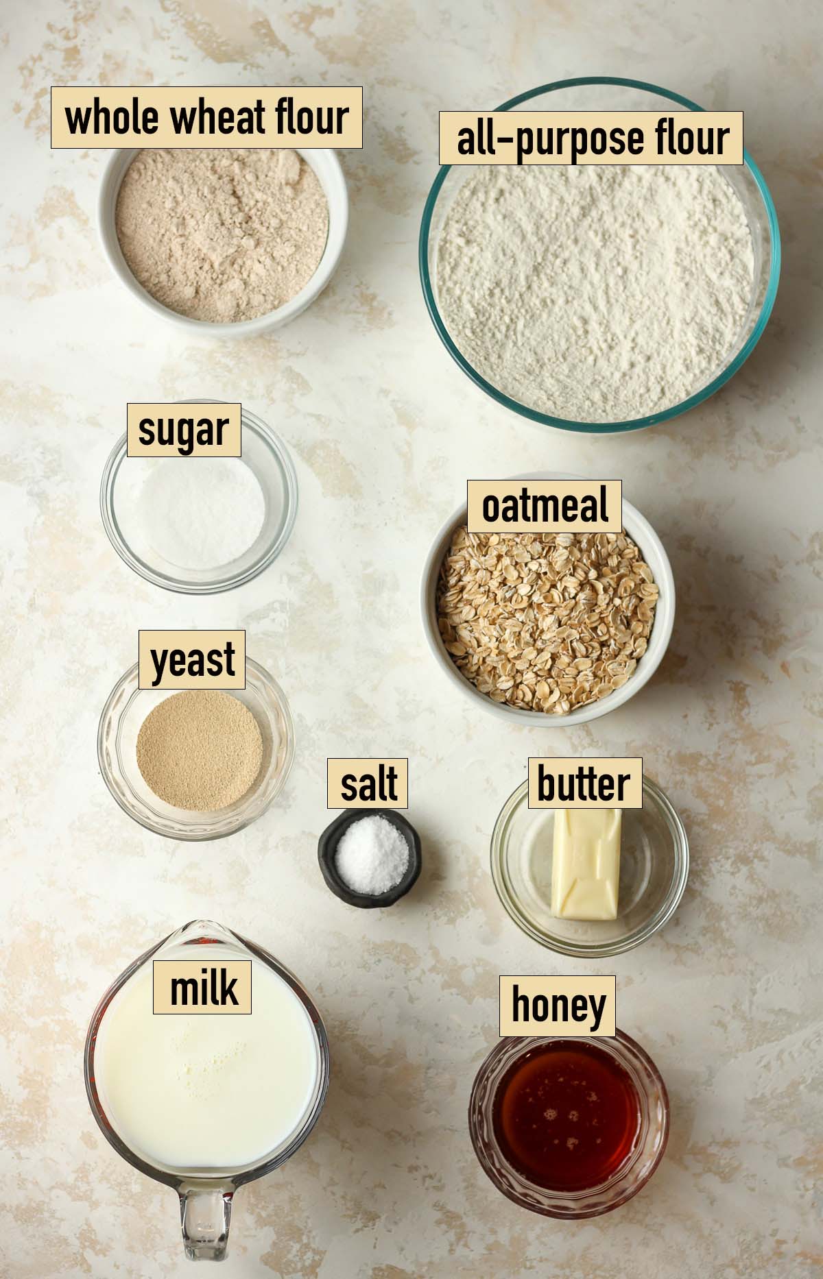 Labeled ingredients for oatmeal bread.