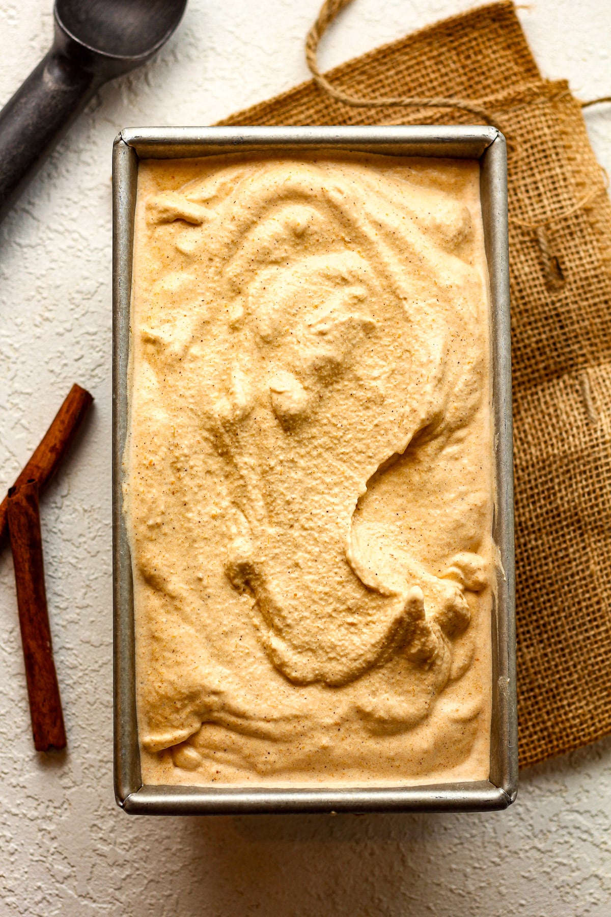 A rectangular pan of pumpkin ice cream.