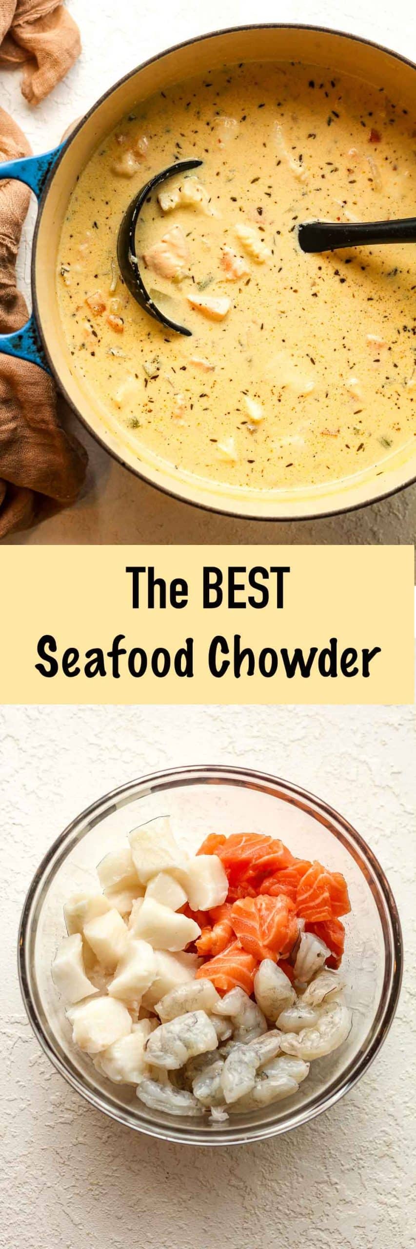 Two photos - a pot of seafood chowder and another of a bowl of fresh seafood.