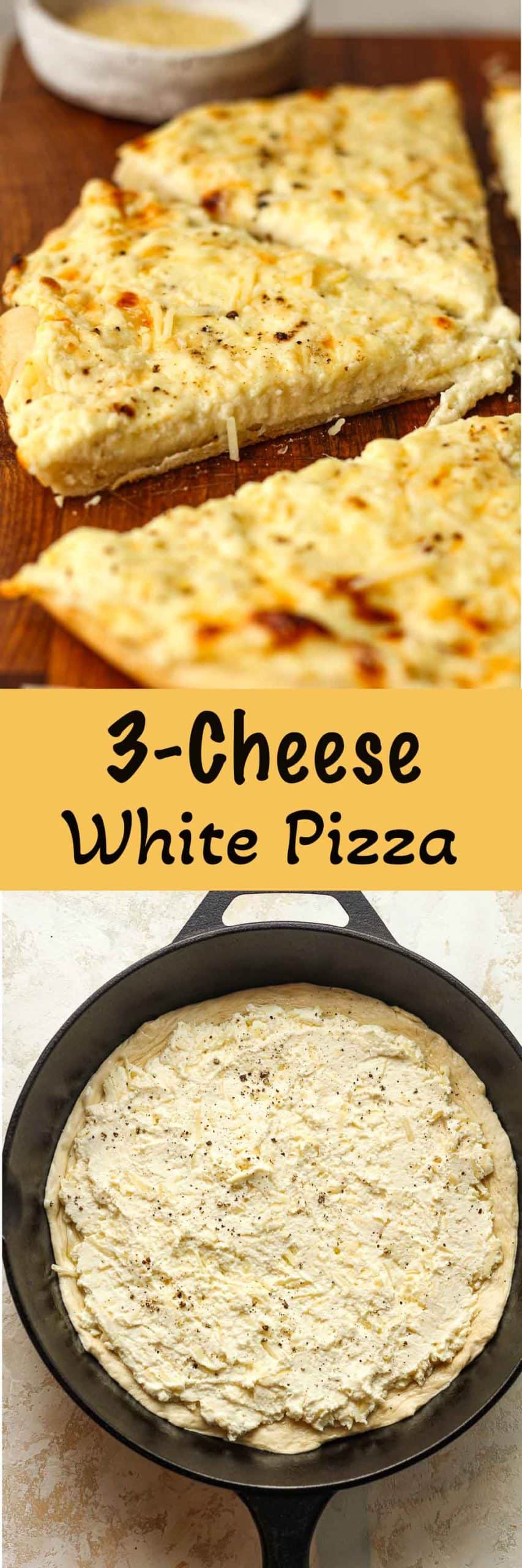 Two photos of 3-cheese white pizza, one in a skillet.