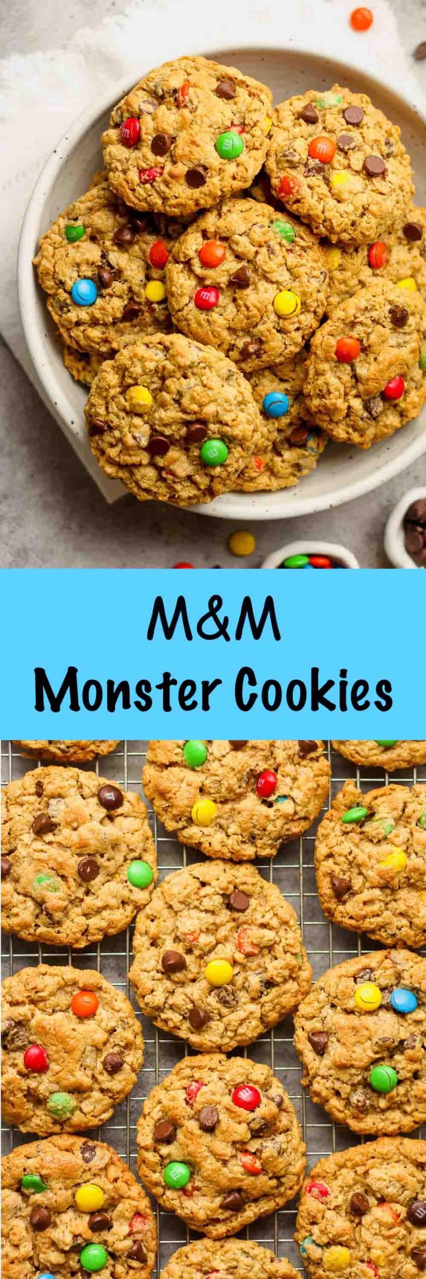 A collage of M&M Monster Cookies.