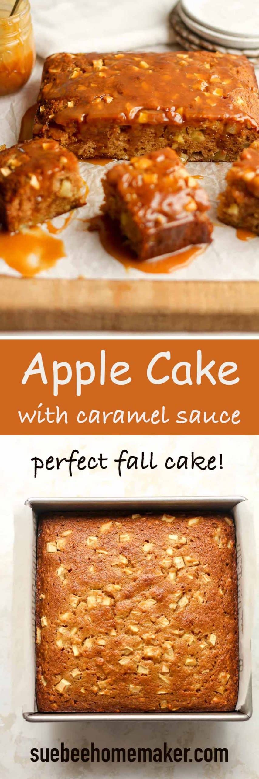 Two photos of apple cake with caramel sauce.