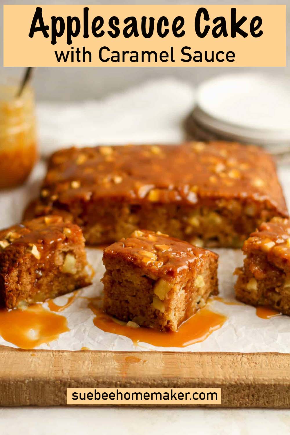 A side view of some applesauce cake with caramel sauce.