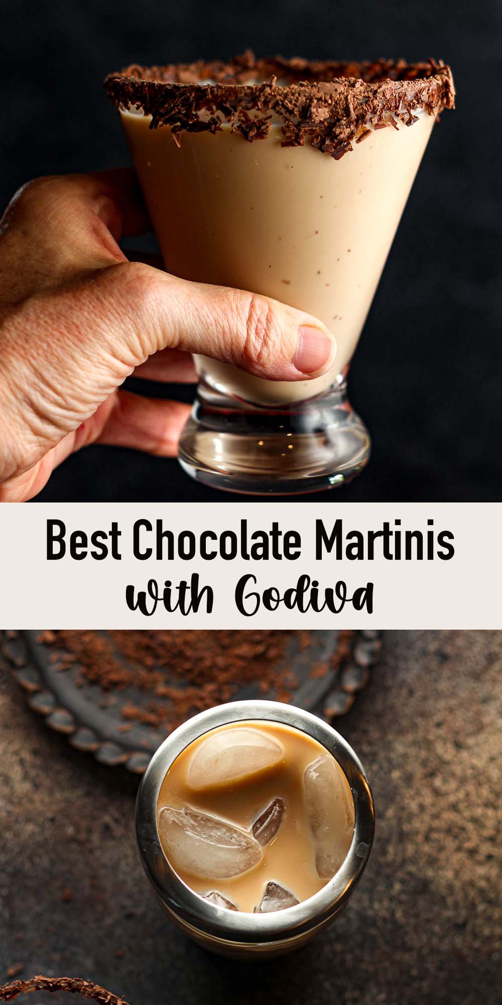 Two photos of the best chocolate martinis with Godiva.