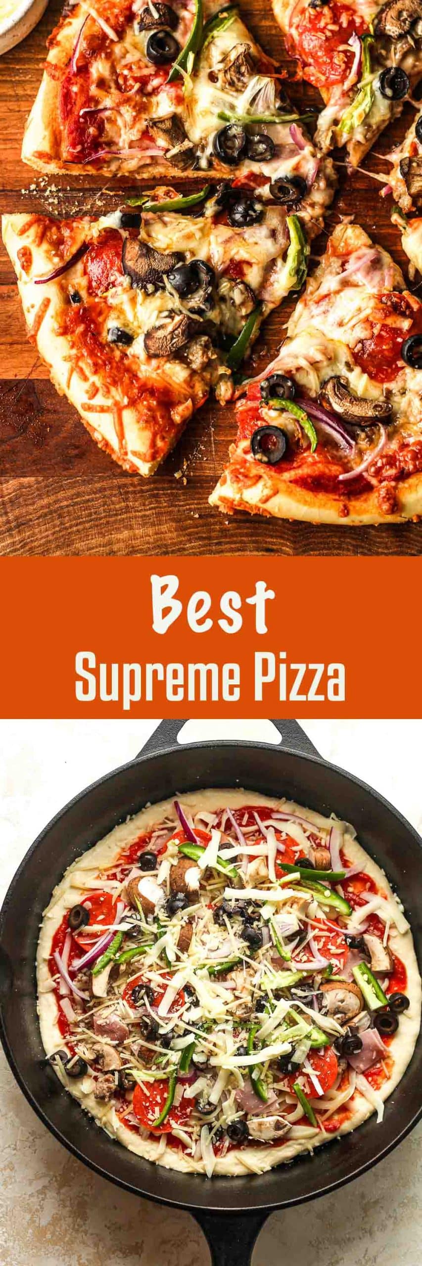 Two photos of the Best Supreme pizza.