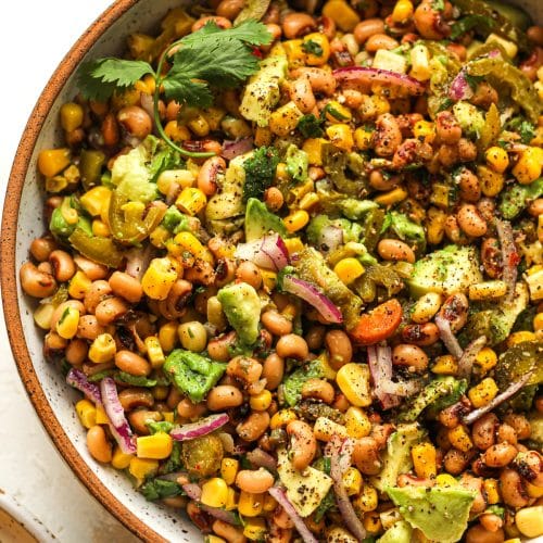 A bowl of black eyed pea dip with avocado.