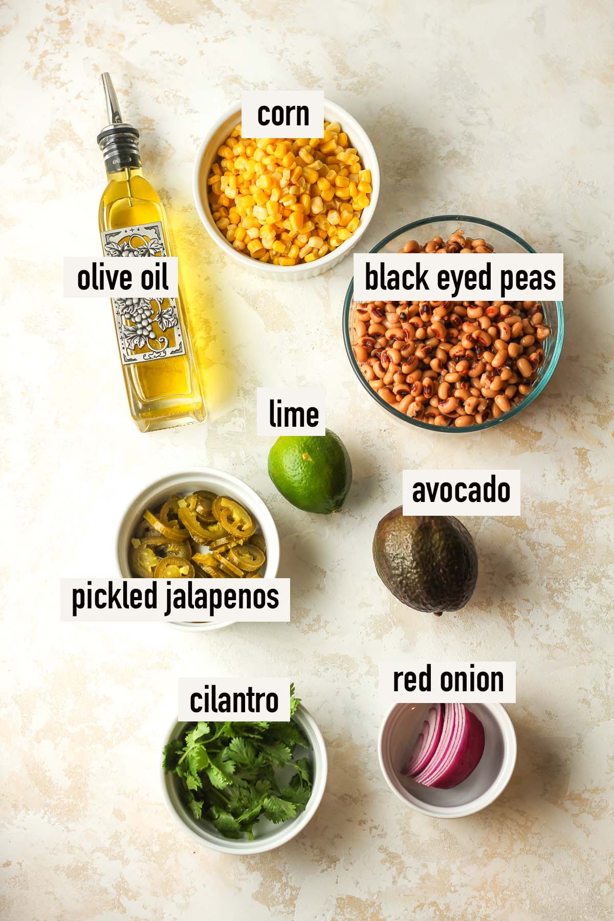 The labeled ingredients for black eyed pea dip.