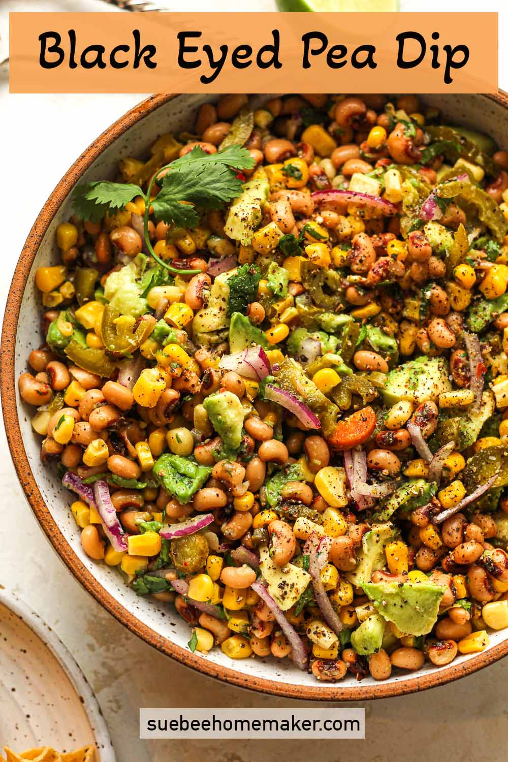 A large bowl of Black Eyed Pea Dip with avocado.