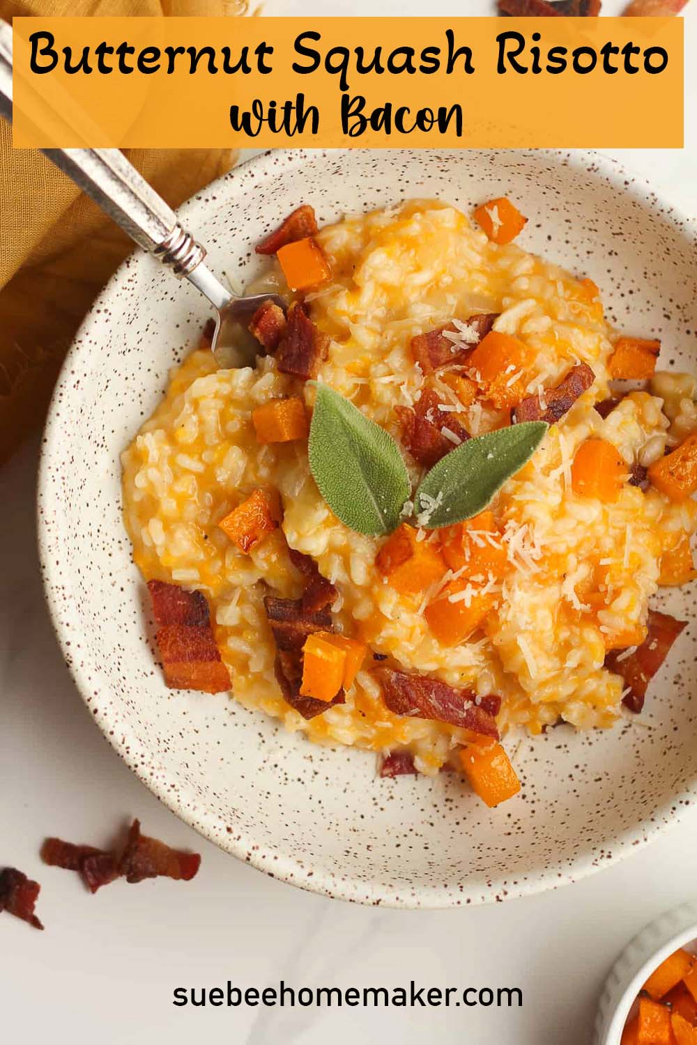 A serving of butternut squash risotto with bacon.