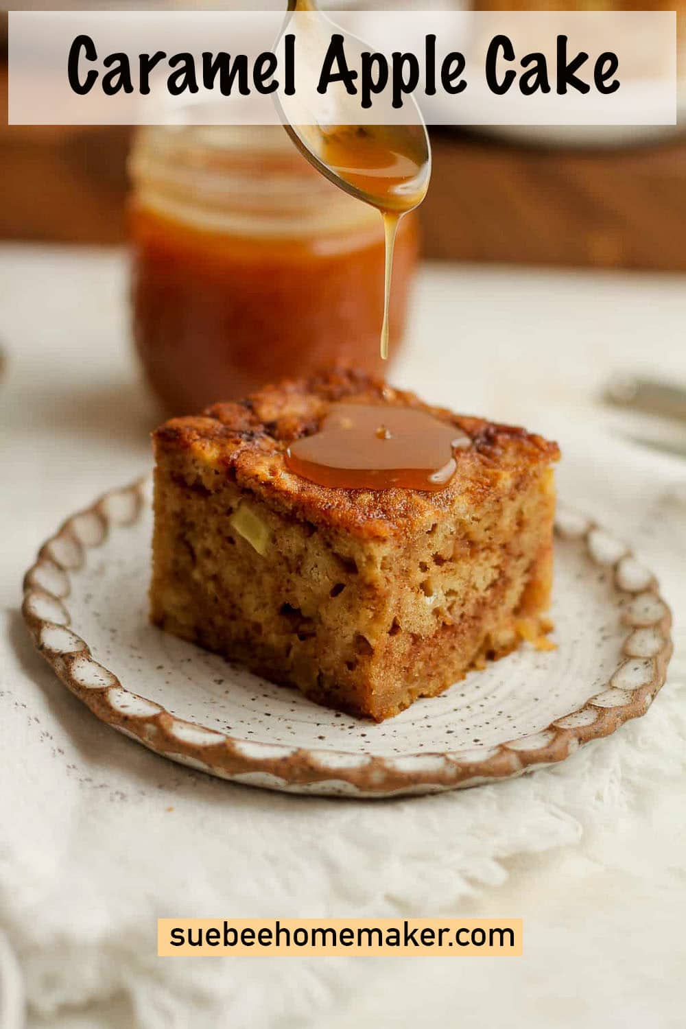 Side view of a slice of caramel apple cake with a drizzle of caramel.