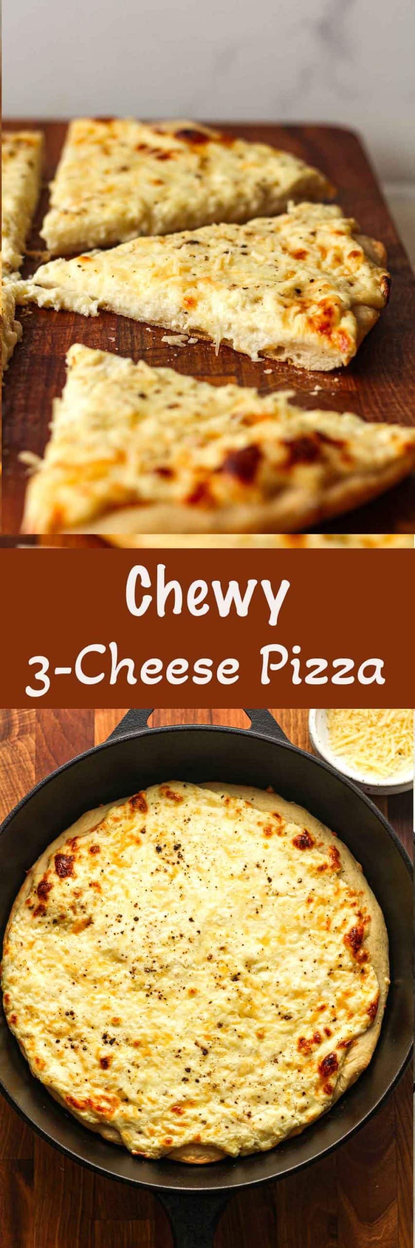 Two photos of chewy 3-Cheese pizza.