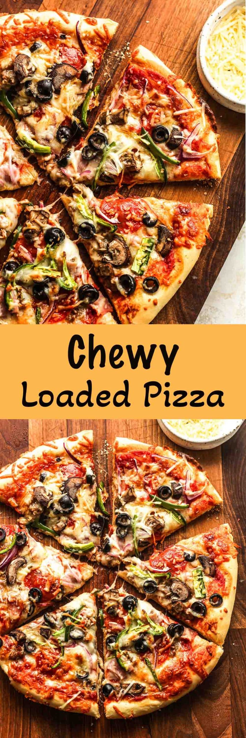 Two photos of chewy loaded pizza.