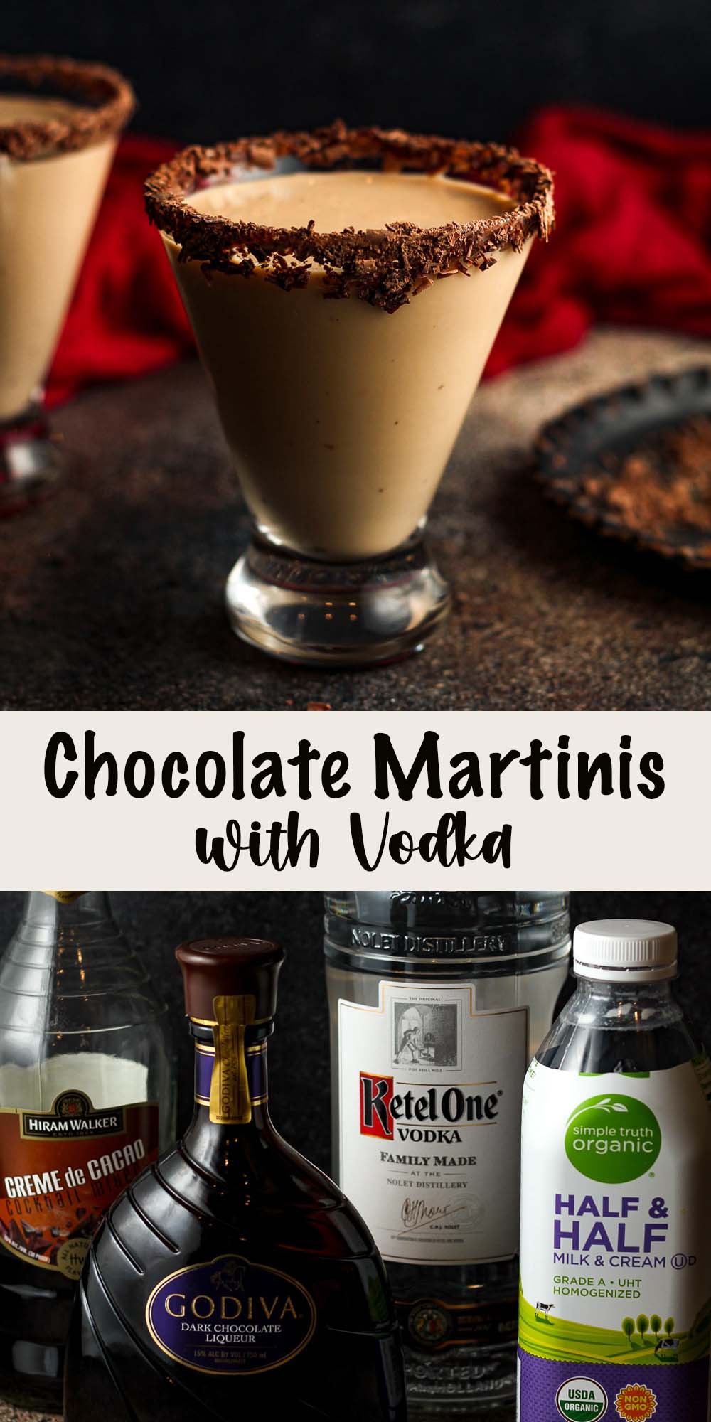 Two photos of chocolate martinis with vodka.