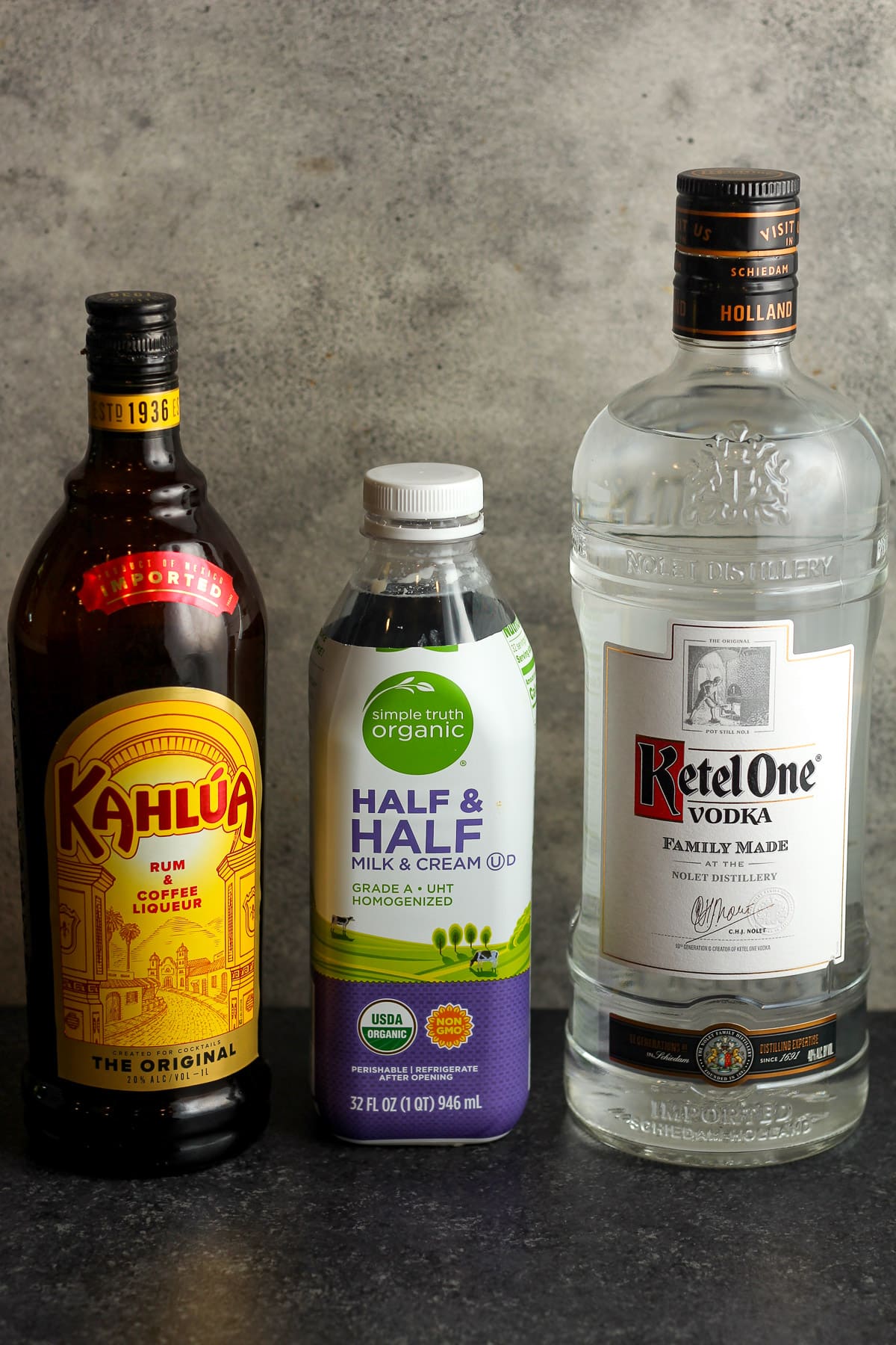 The three ingredients for classic white Russians.