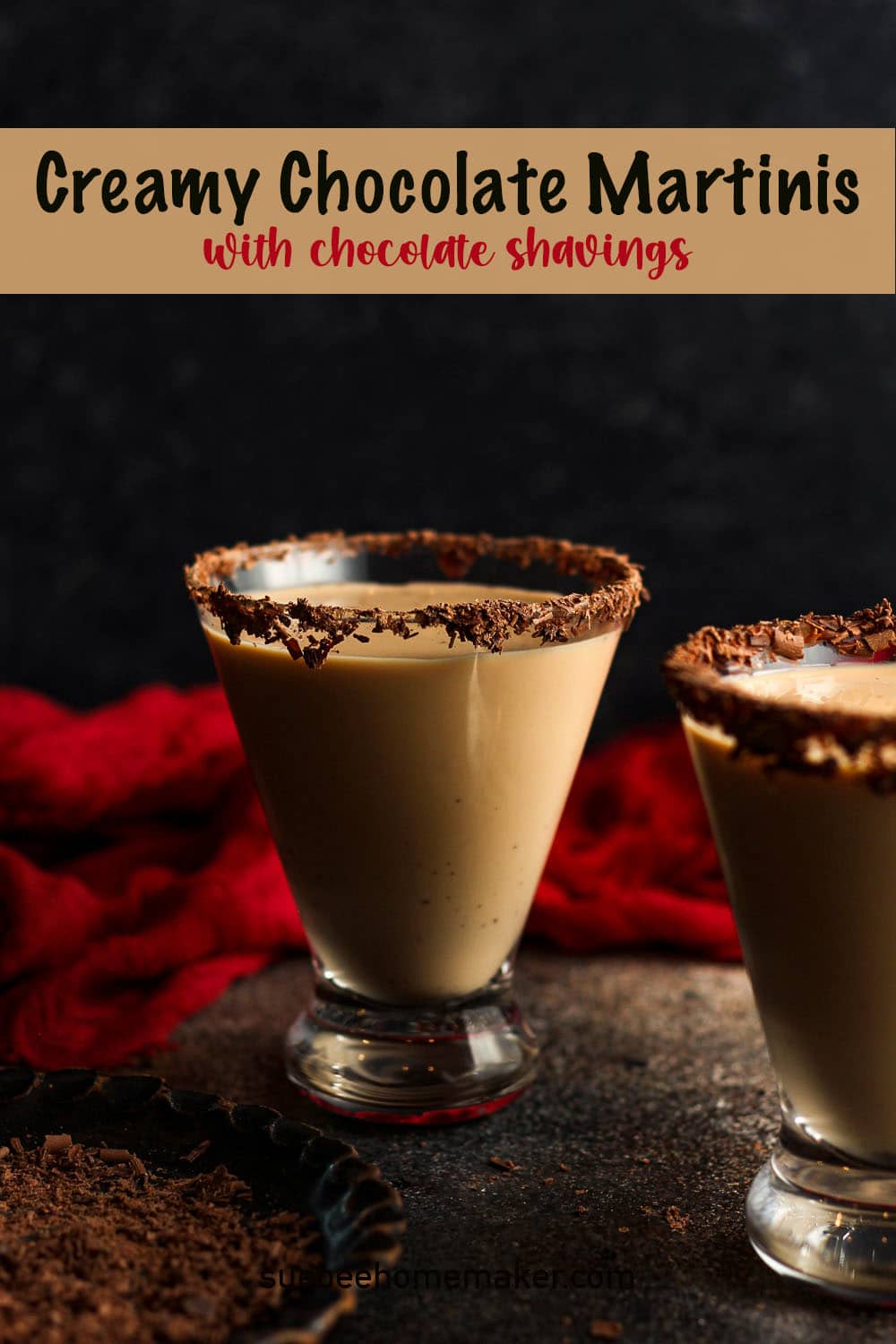 Side view of two creamy chocolate martinis with chocolate shavings.