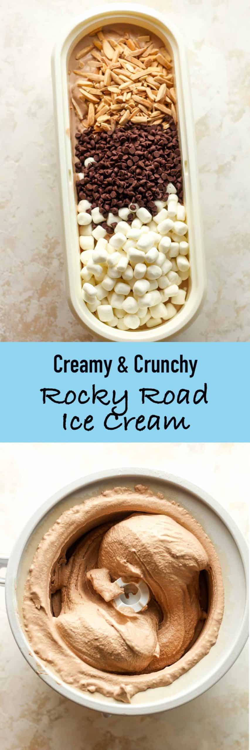 Two photos of creamy, crunchy rocky road ice cream.