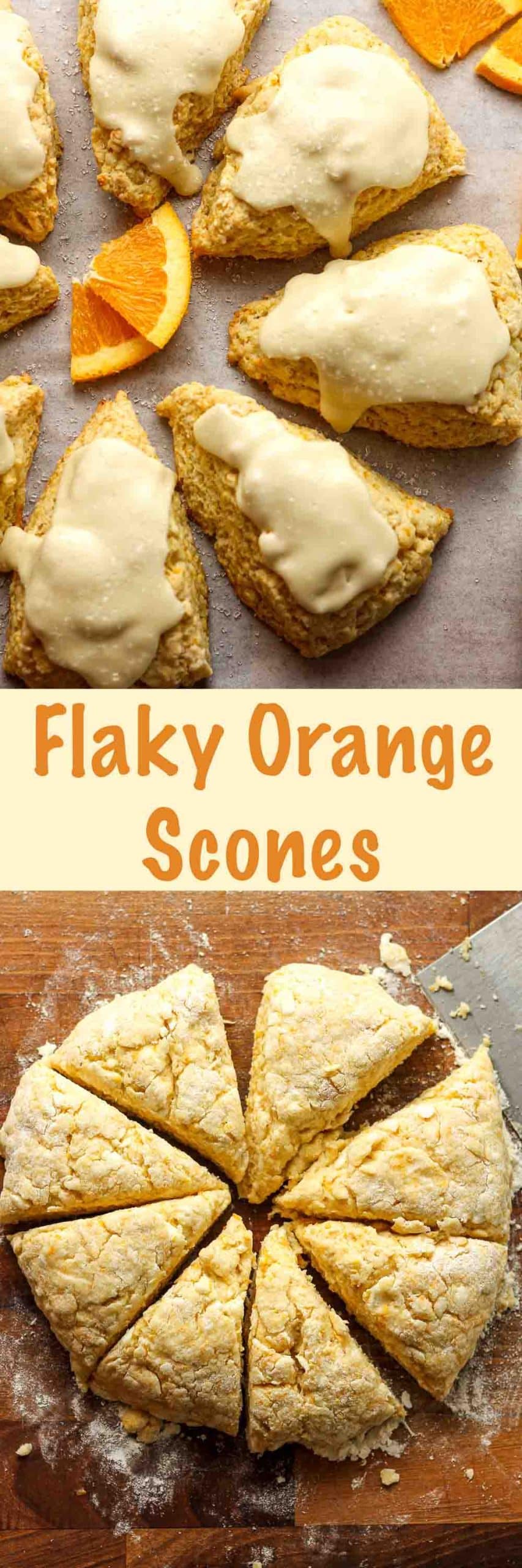 Two photos of flaky orange scones.