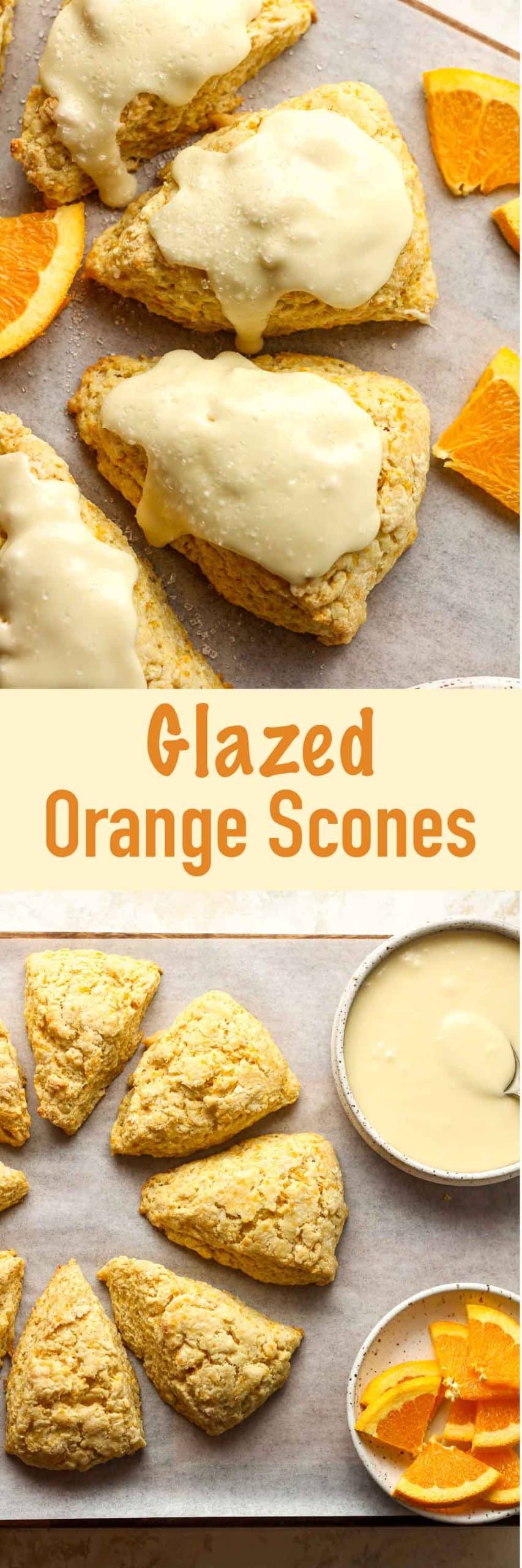 Two photos of glazed orange scones.