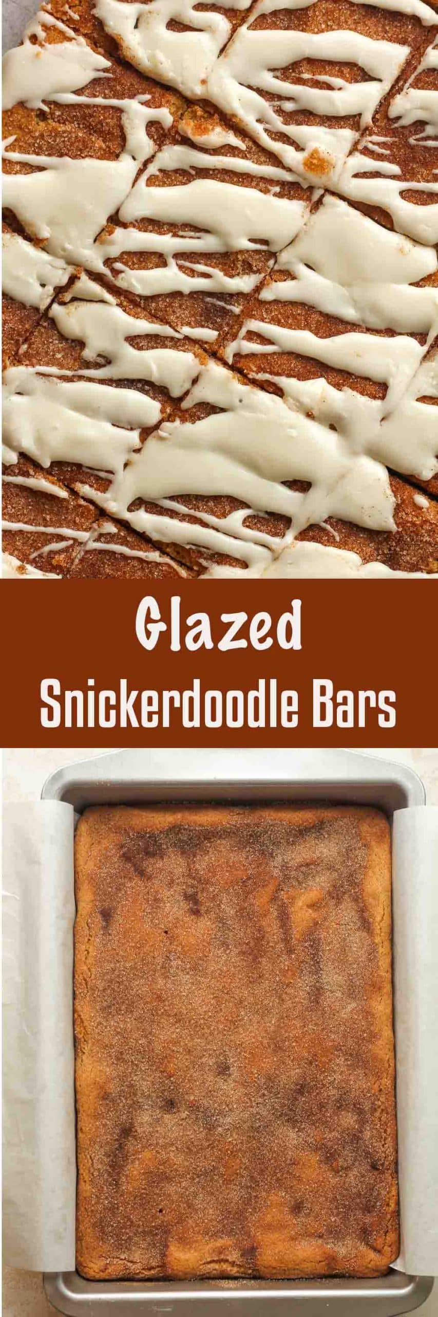 Two photos of glazed snickerdoodle bars.