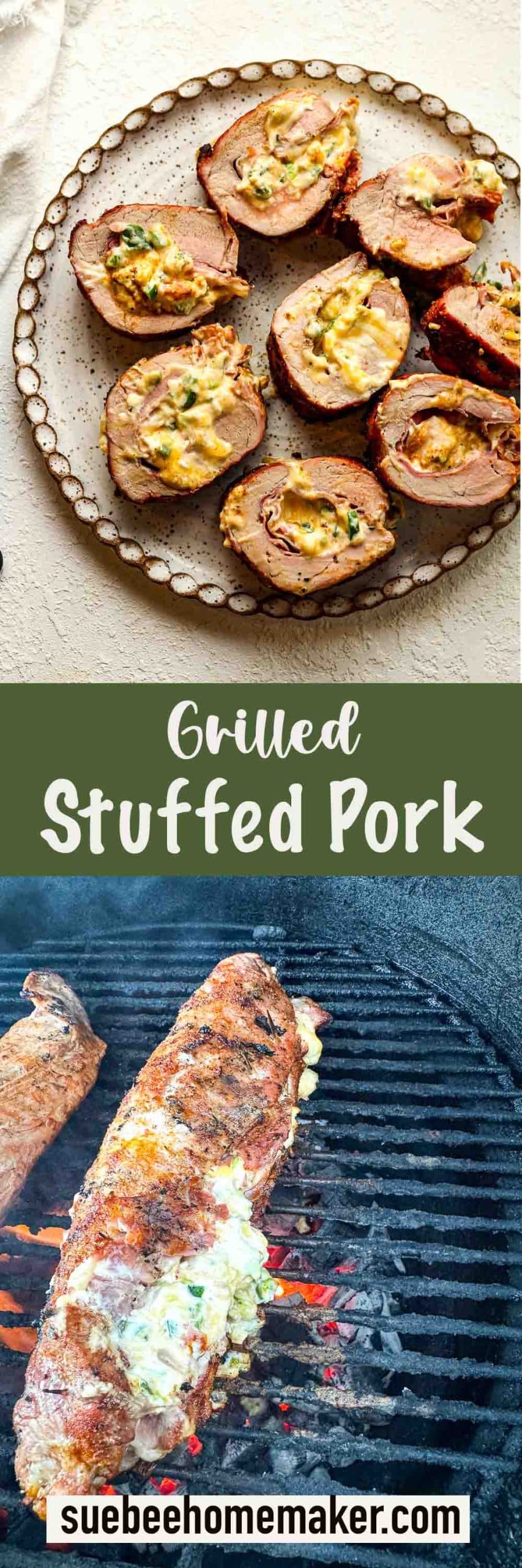 Two photos of grilled stuffed pork.