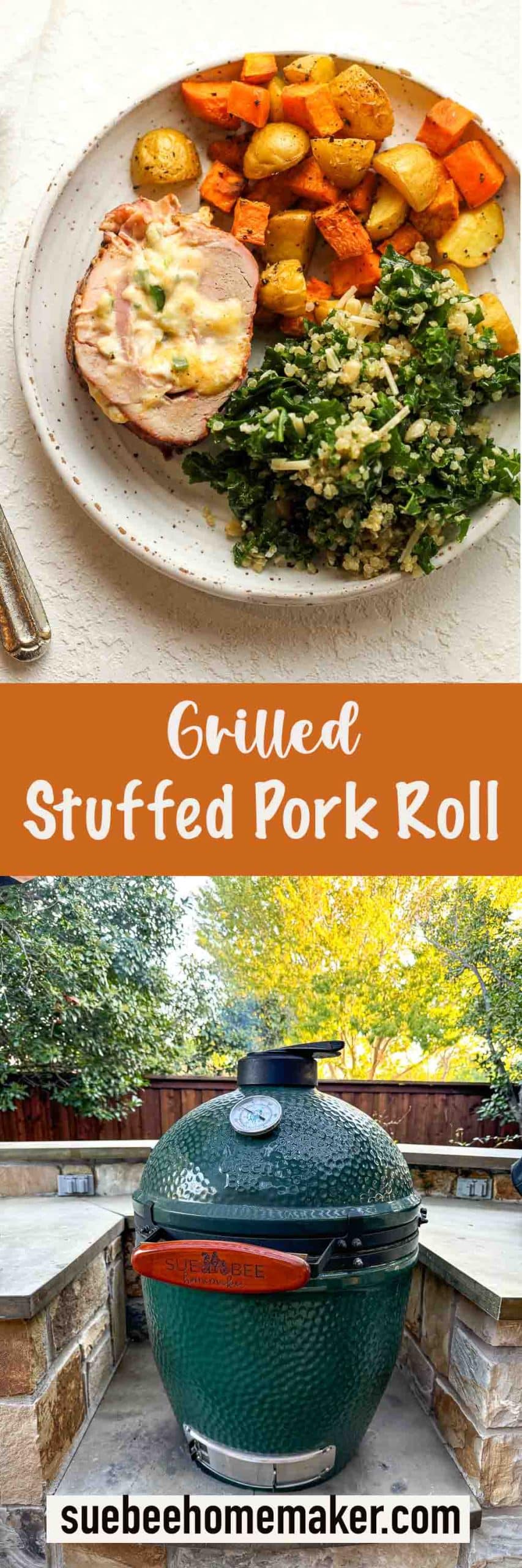 Two photos of grilled stuffed pork roll.