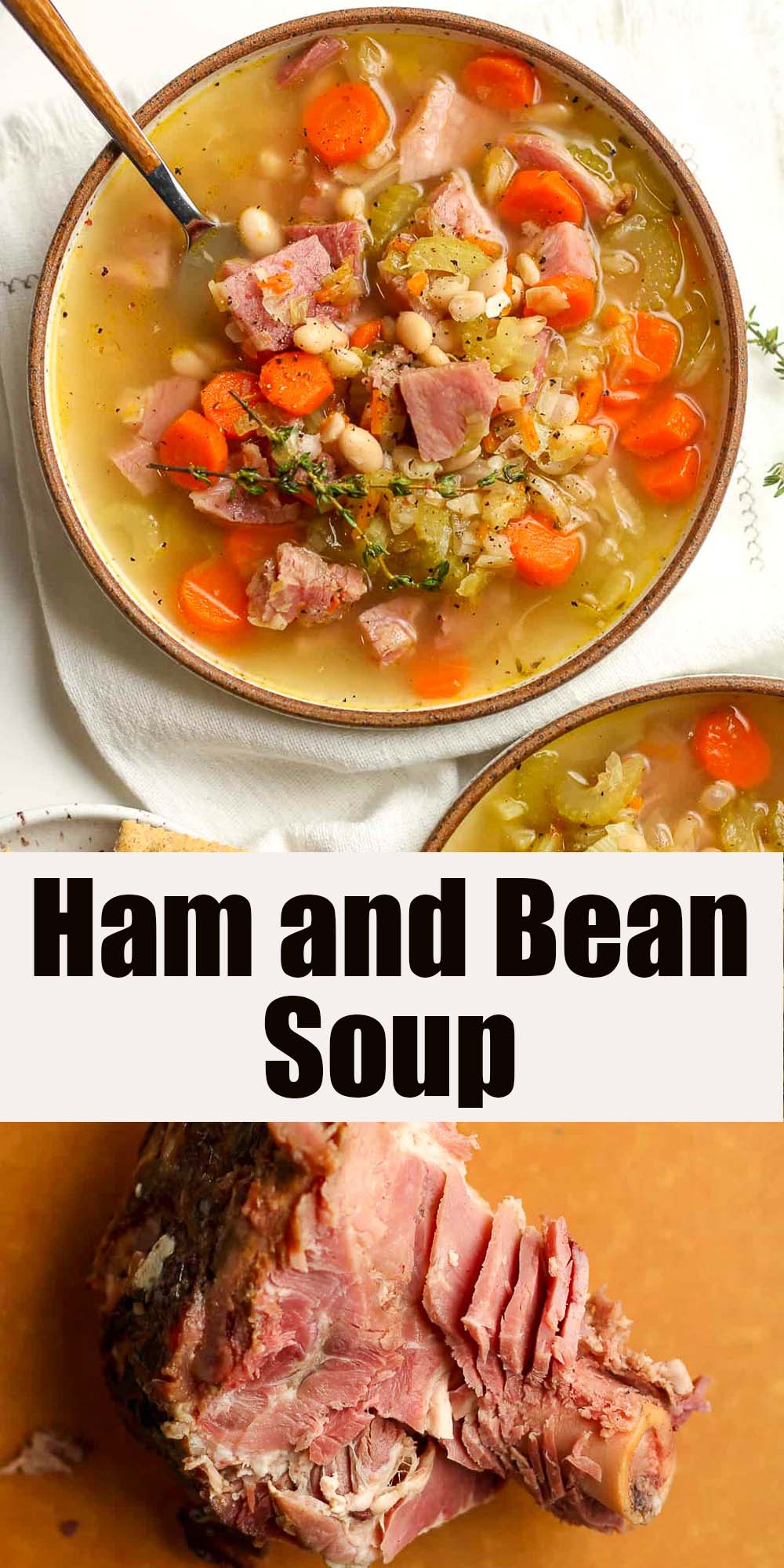 Two photos of ham and bean soup.