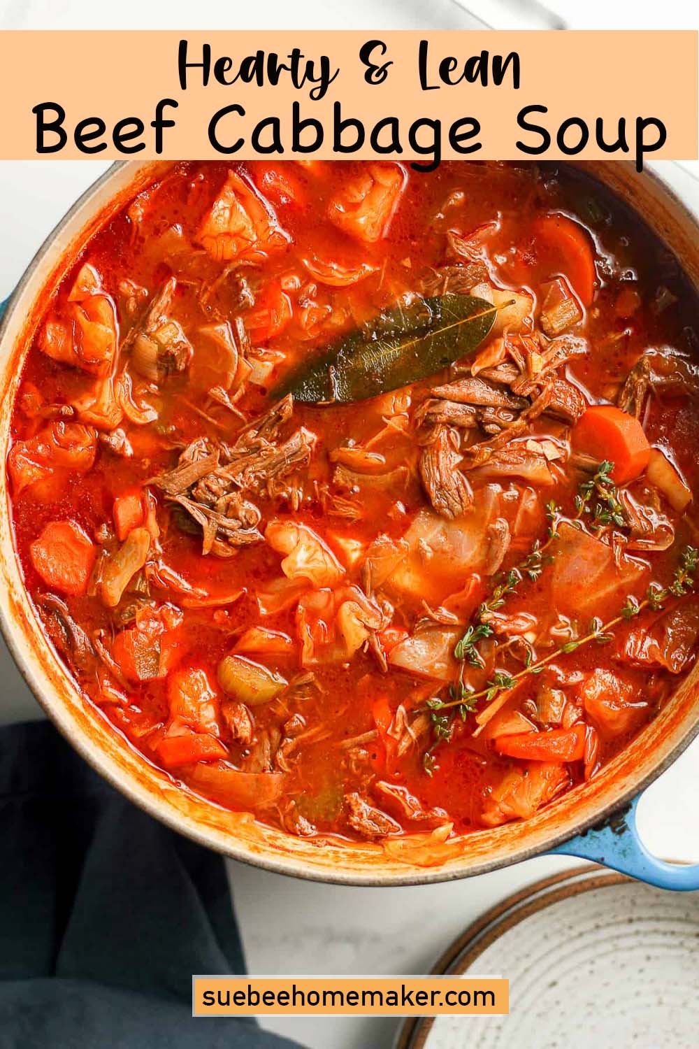 A pot of hearty and lean beef cabbage soup.