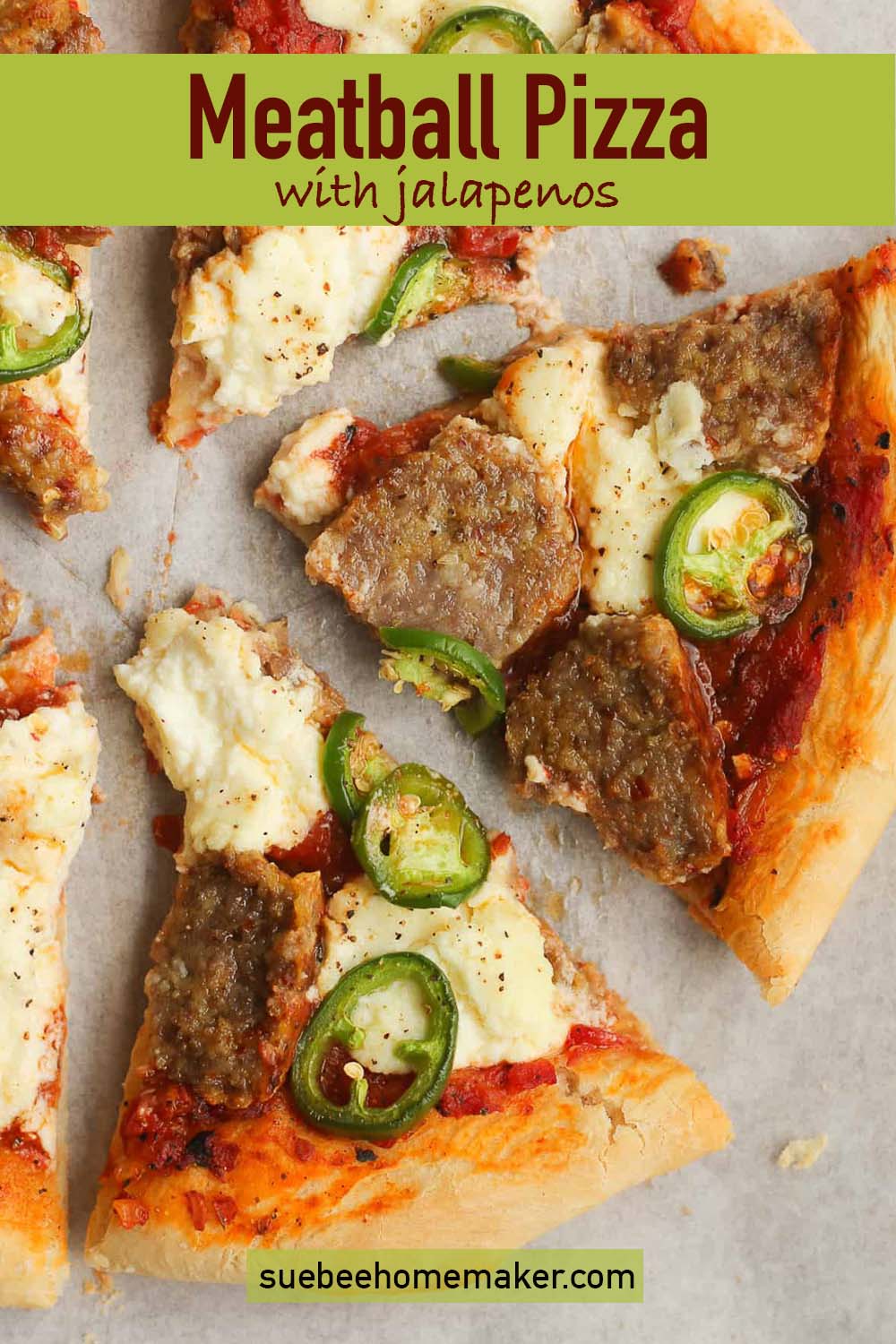 A sliced meatball pizza with jalapeños.